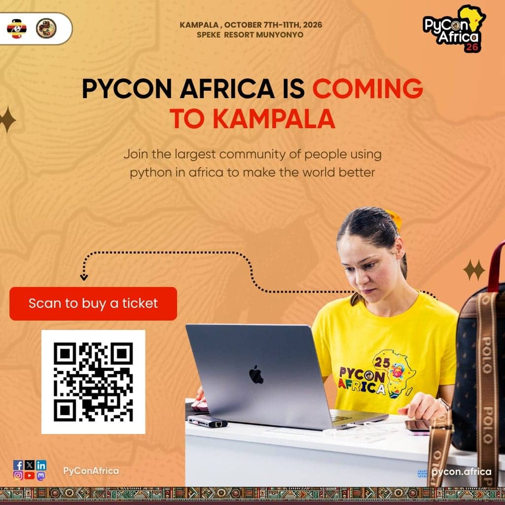 PyCon Africa 2026 Kampala campaign poster with ticket QR code and event dates.