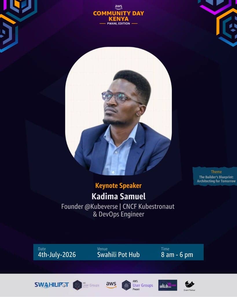 AWS Community Day Kenya Pwani Edition keynote poster featuring Kadima Samuel.
