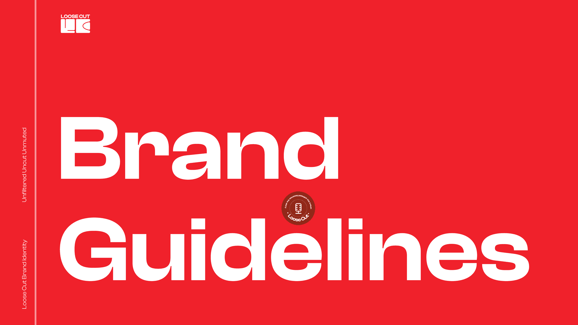 Loose Cut Brand Guidelines cover — Splice Red, LC mark and microphone seal.