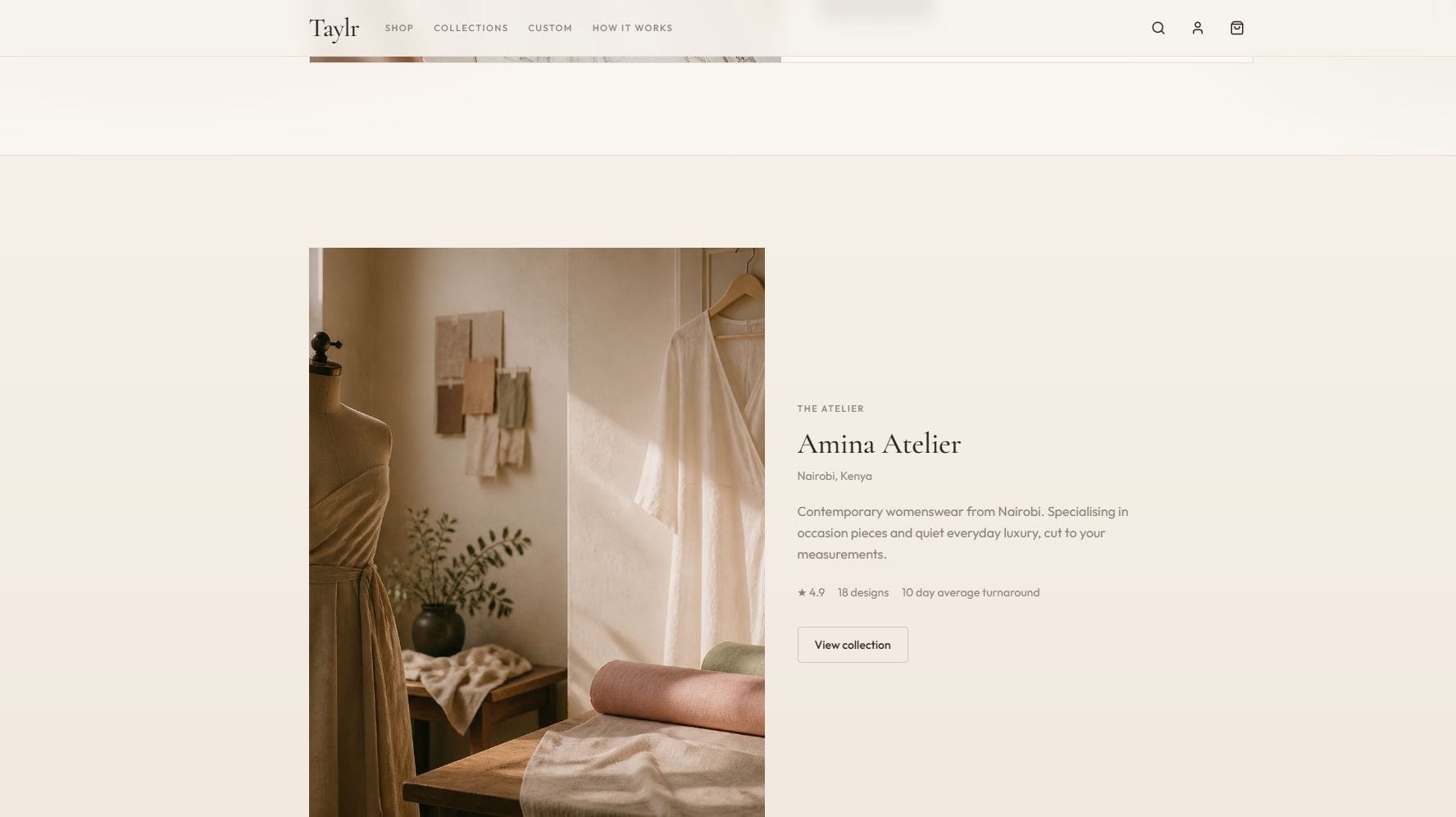 Taylr homepage Amina Atelier section: Nairobi maker profile with atelier photography, 4.9 rating, 18 designs, 10-day average turnaround, and a View collection button.
