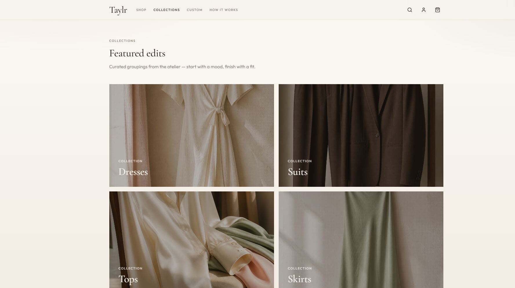 Taylr Collections page titled Featured edits, with a 2×2 editorial grid of Dresses, Suits, Tops, and Skirts collection cards.