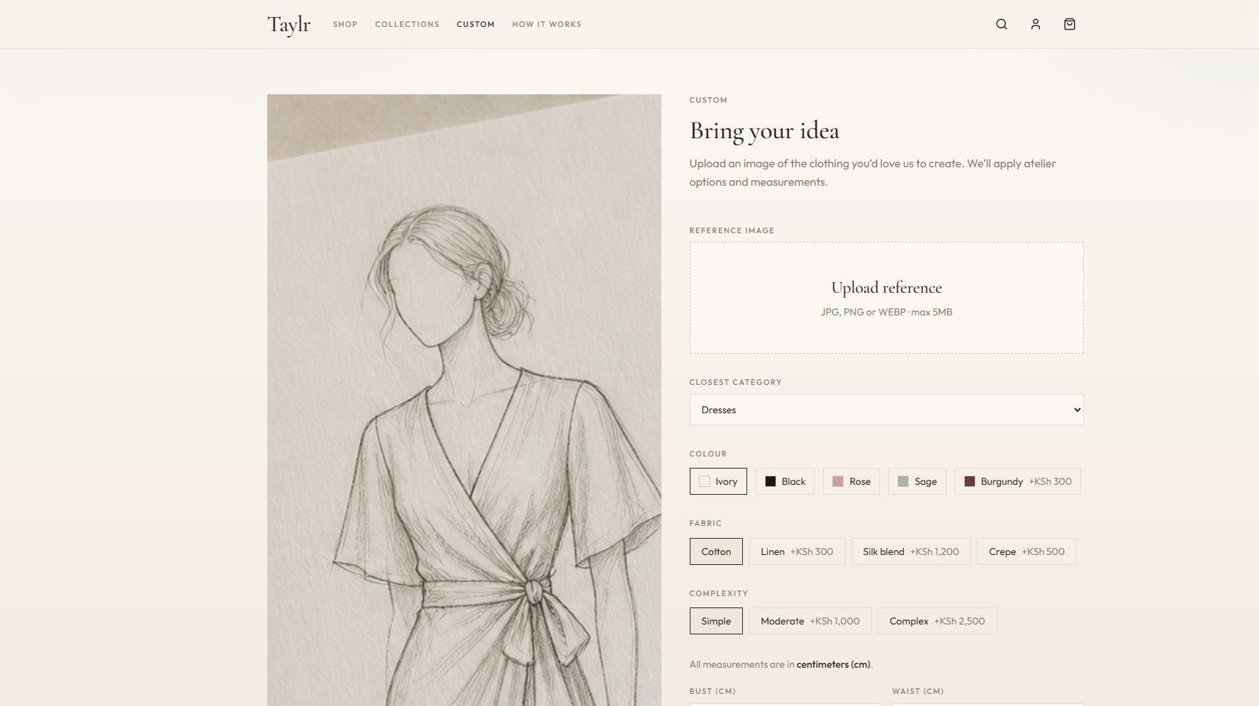 Taylr custom page Bring your idea, with a dress sketch, reference-image upload, category, colour, fabric, and complexity options, plus centimetre measurement inputs.