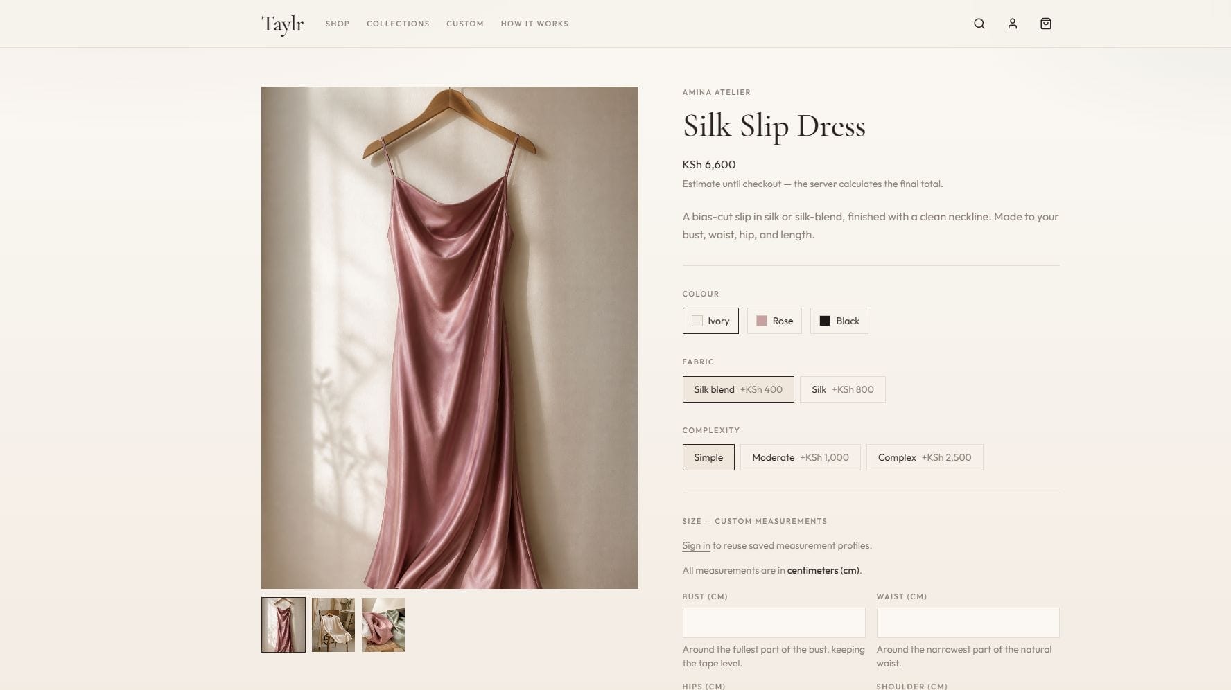 Taylr product page for the Amina Atelier Silk Slip Dress, with a rose silk gallery, colour and fabric options, complexity tiers, and custom centimetre measurement fields.
