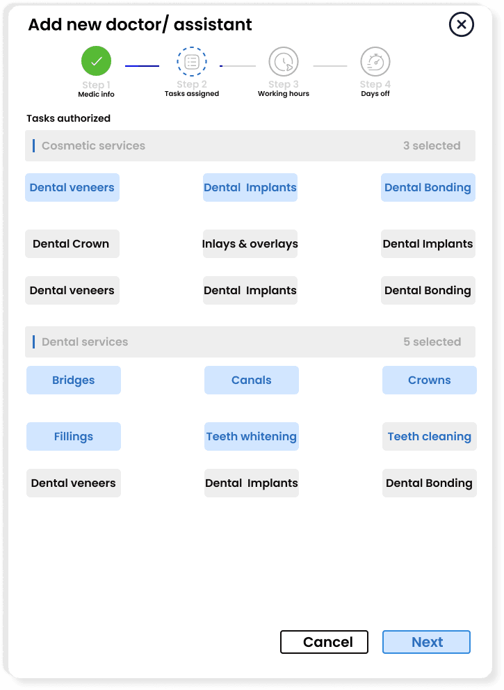 Niah add-new-doctor-or-assistant modal on step two, Tasks assigned, with cosmetic and dental service chips selected.
