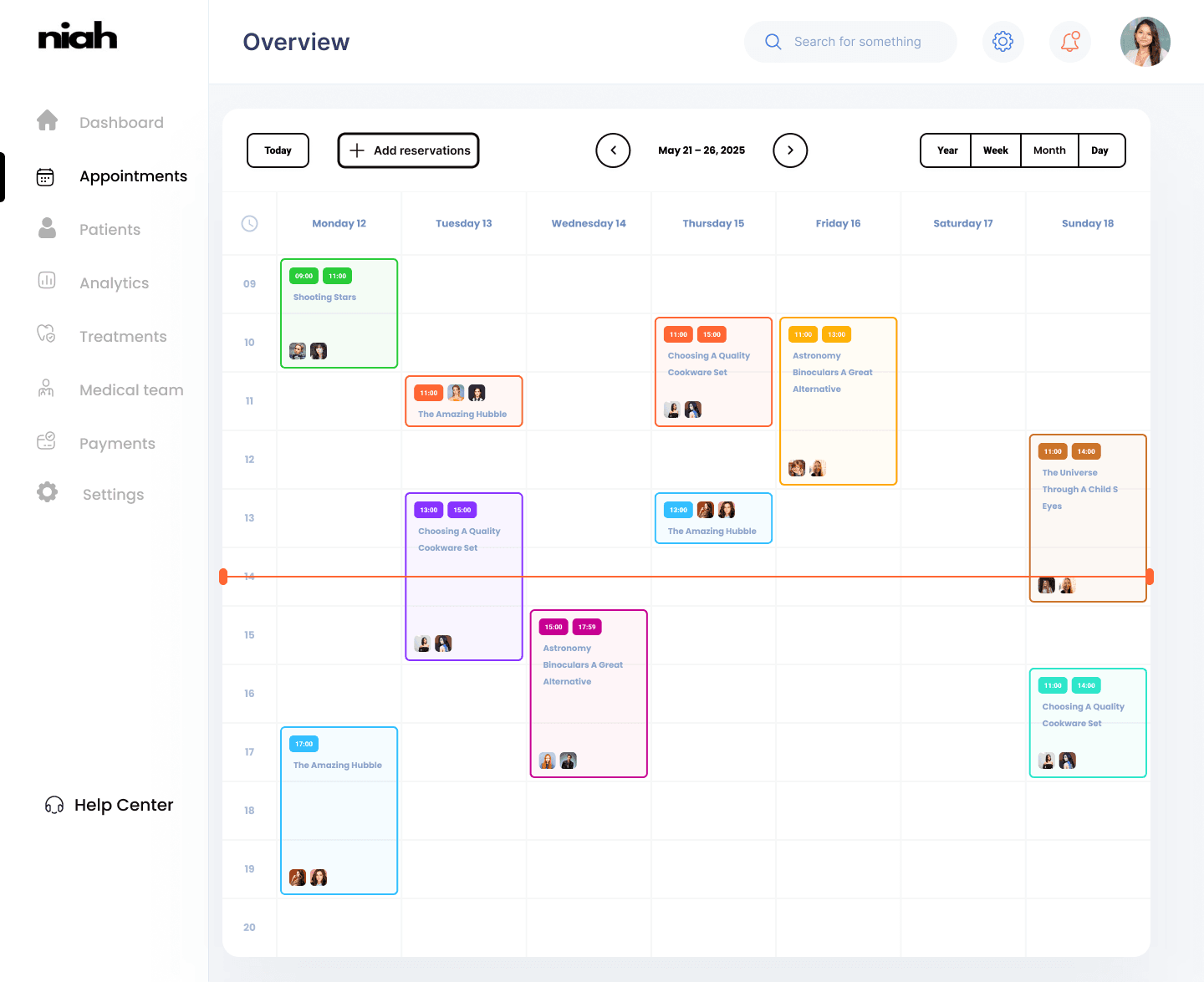 Niah appointments week view for 21–26 May, with coloured reservation cards across a 09:00–20:00 grid and a Today / Add reservations toolbar.