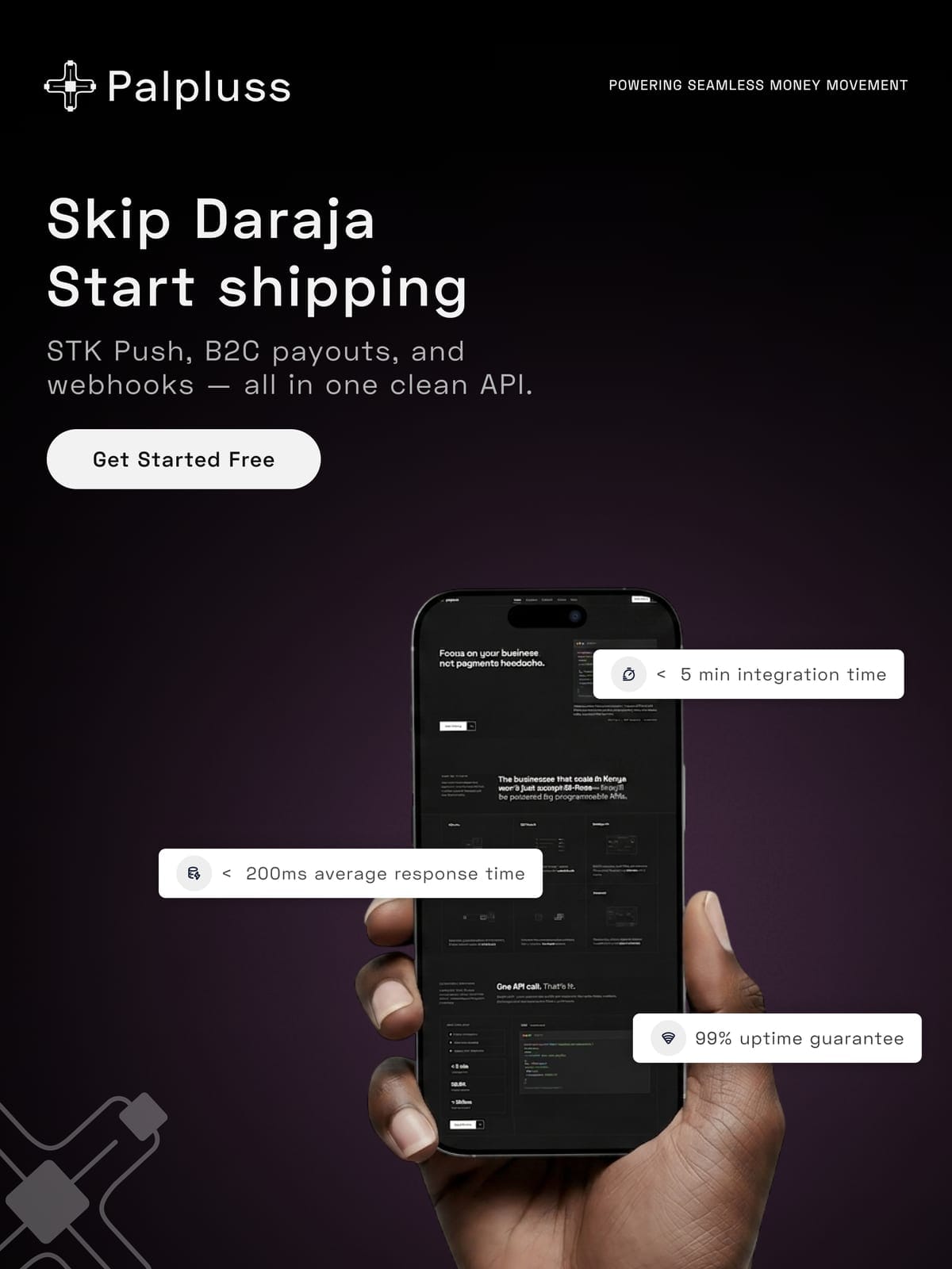 Palpluss campaign poster: Skip Daraja, Start shipping. STK Push, B2C payouts, and webhooks — all in one clean API. A hand holds a phone with Get Started Free, under 5 min integration, under 200ms response and 99% uptime.