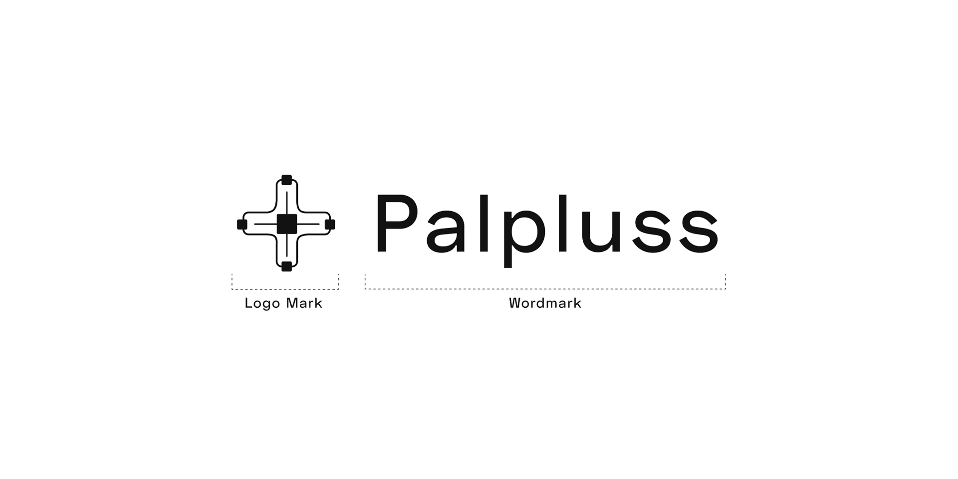 Palpluss identity construction on white: Logo Mark — a rounded plus with a central square and node terminals — beside the Palpluss Wordmark.