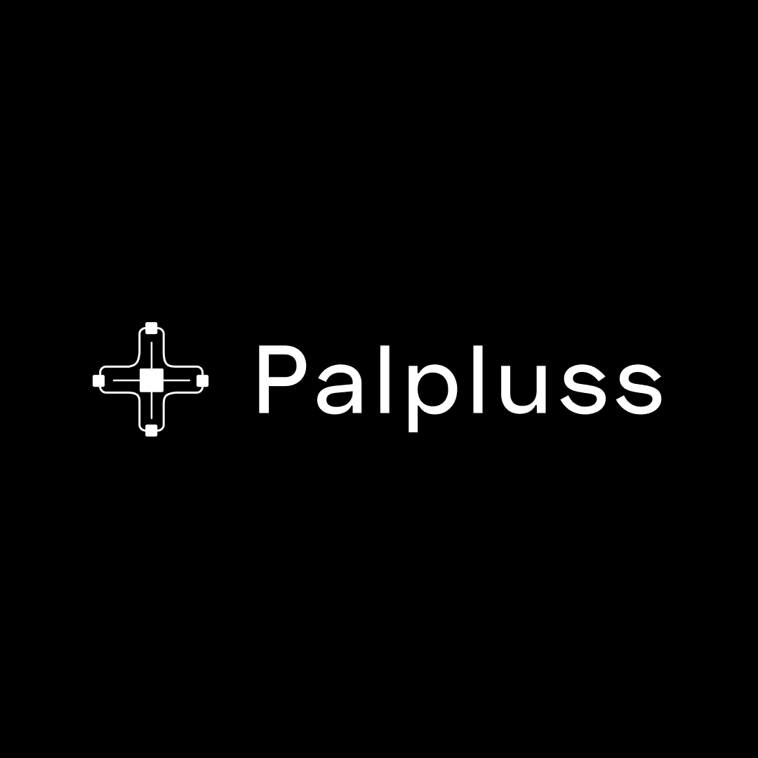 White Palpluss lockup on black: circuit plus-mark beside the Palpluss wordmark.