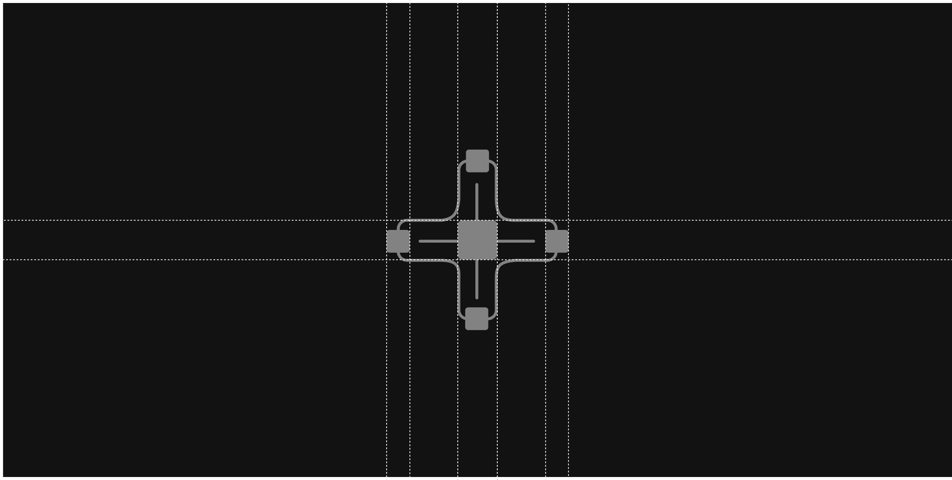 Plus-mark construction on black: a rounded plus with dashed horizontal and vertical blueprint guides through the central square and arm terminals.