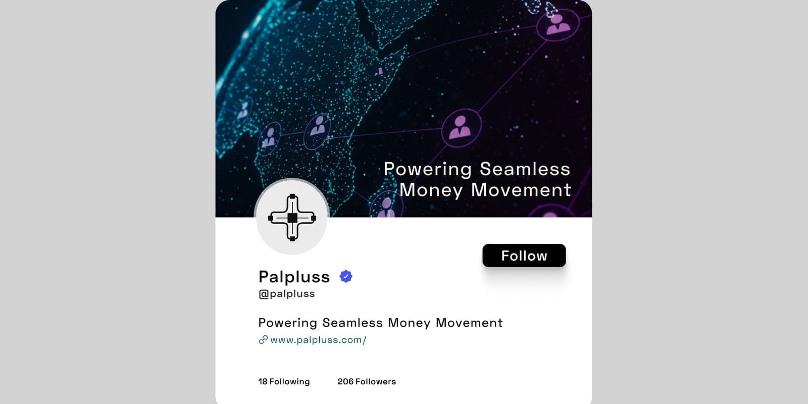 Social profile card for Palpluss, @palpluss, verified. Bio Powering Seamless Money Movement, www.palpluss.com, 18 following and 206 followers, Follow button.