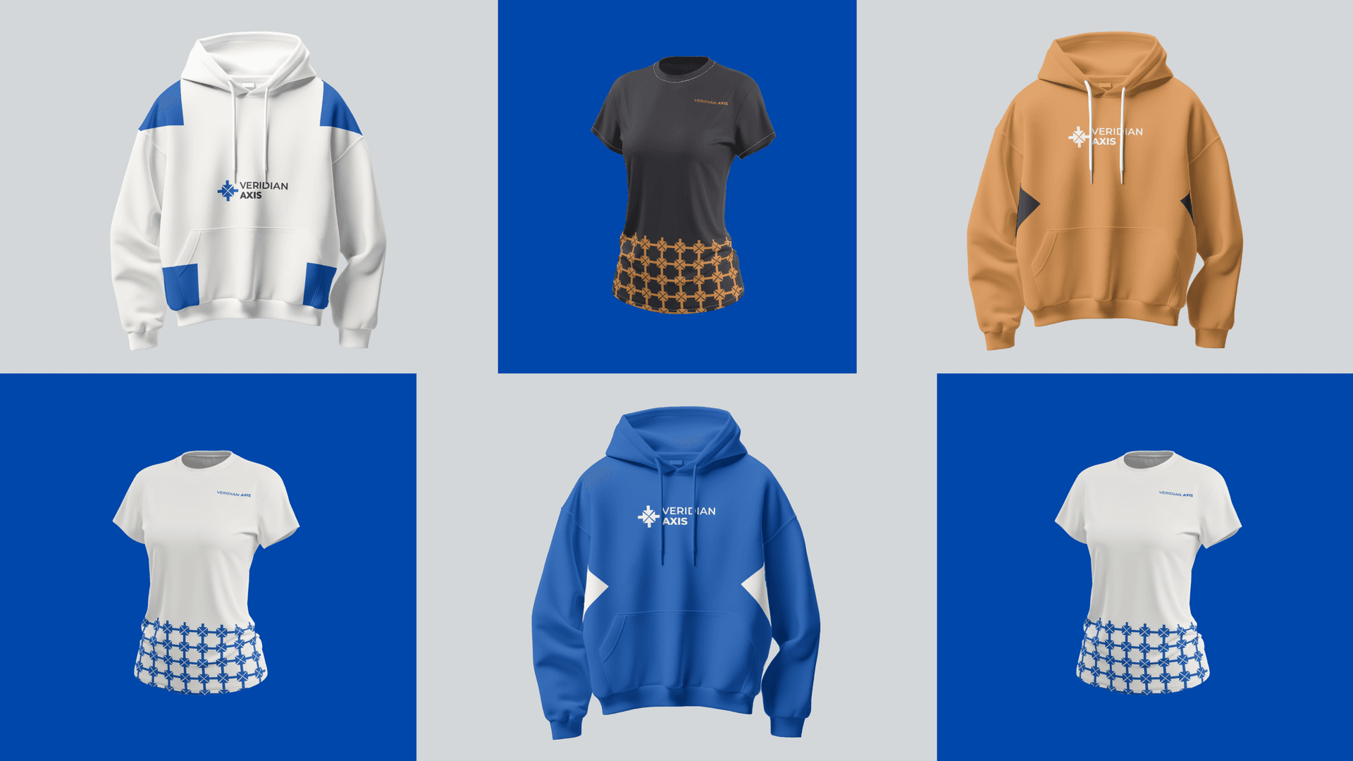 Veridian Axis apparel: hoodies and tees in white, charcoal, copper and royal blue with the four-arrow mark and wordmark.