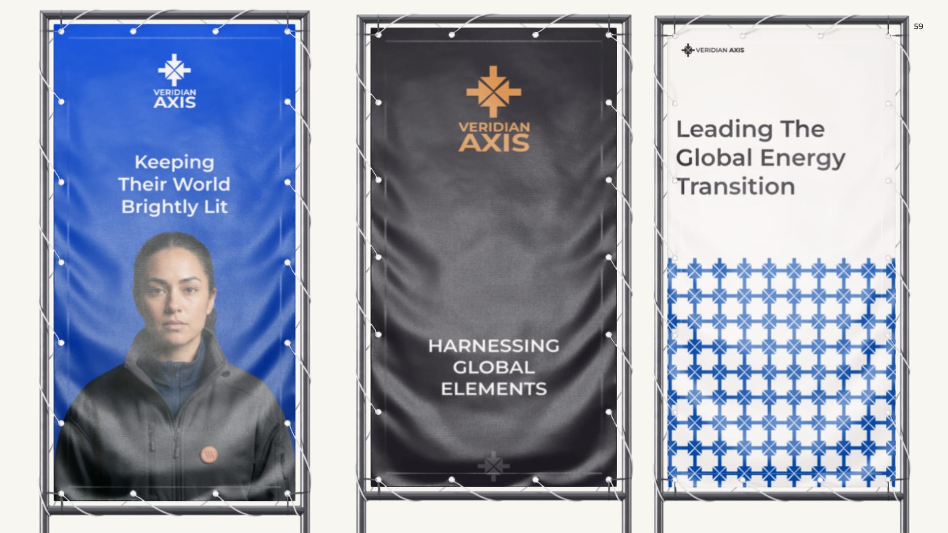 Veridian Axis vertical banners: portrait on blue, copper lockup on charcoal, and Leading The Global Energy Transition on a mark pattern.