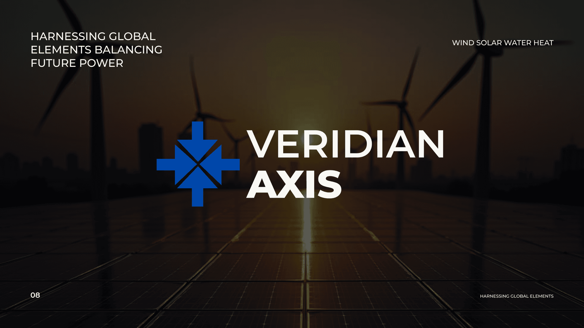 Veridian Axis identity: solar field and wind turbines at dusk with the VERIDIAN AXIS wordmark and four-arrow mark.