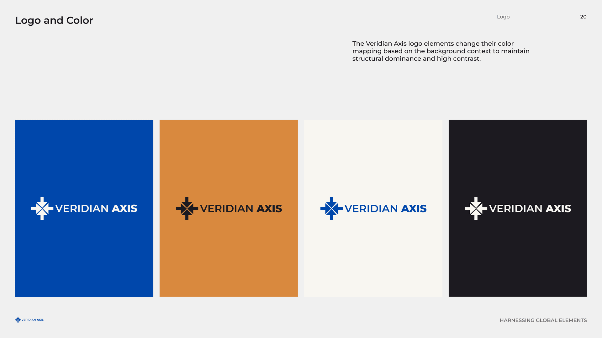 Veridian Axis logo and color: the mark and wordmark on royal blue, copper, cream and charcoal for high contrast, page 20.