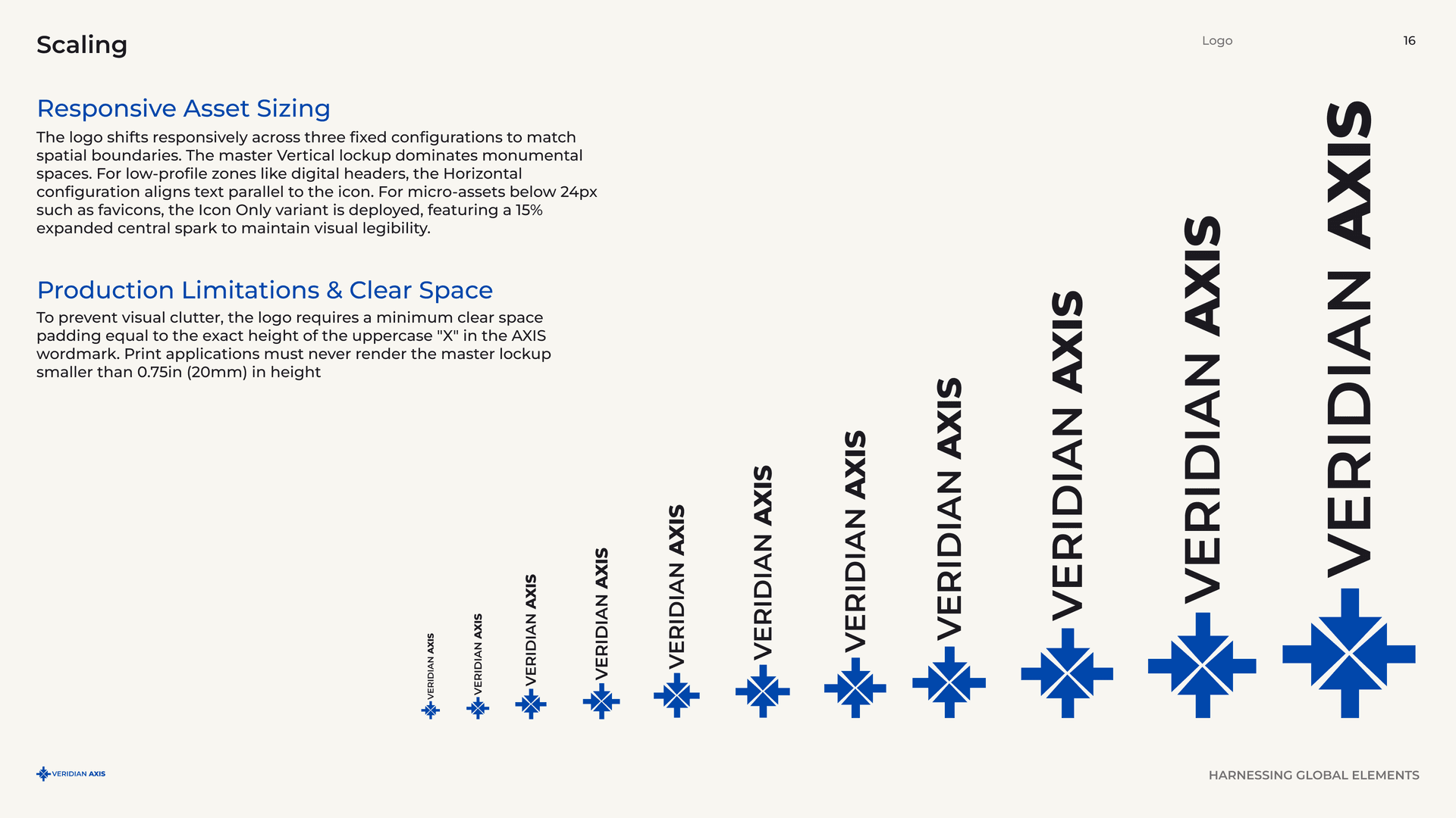 Veridian Axis logo scaling: vertical lockup from micro to monumental, with clear-space and minimum-size rules, page 16.