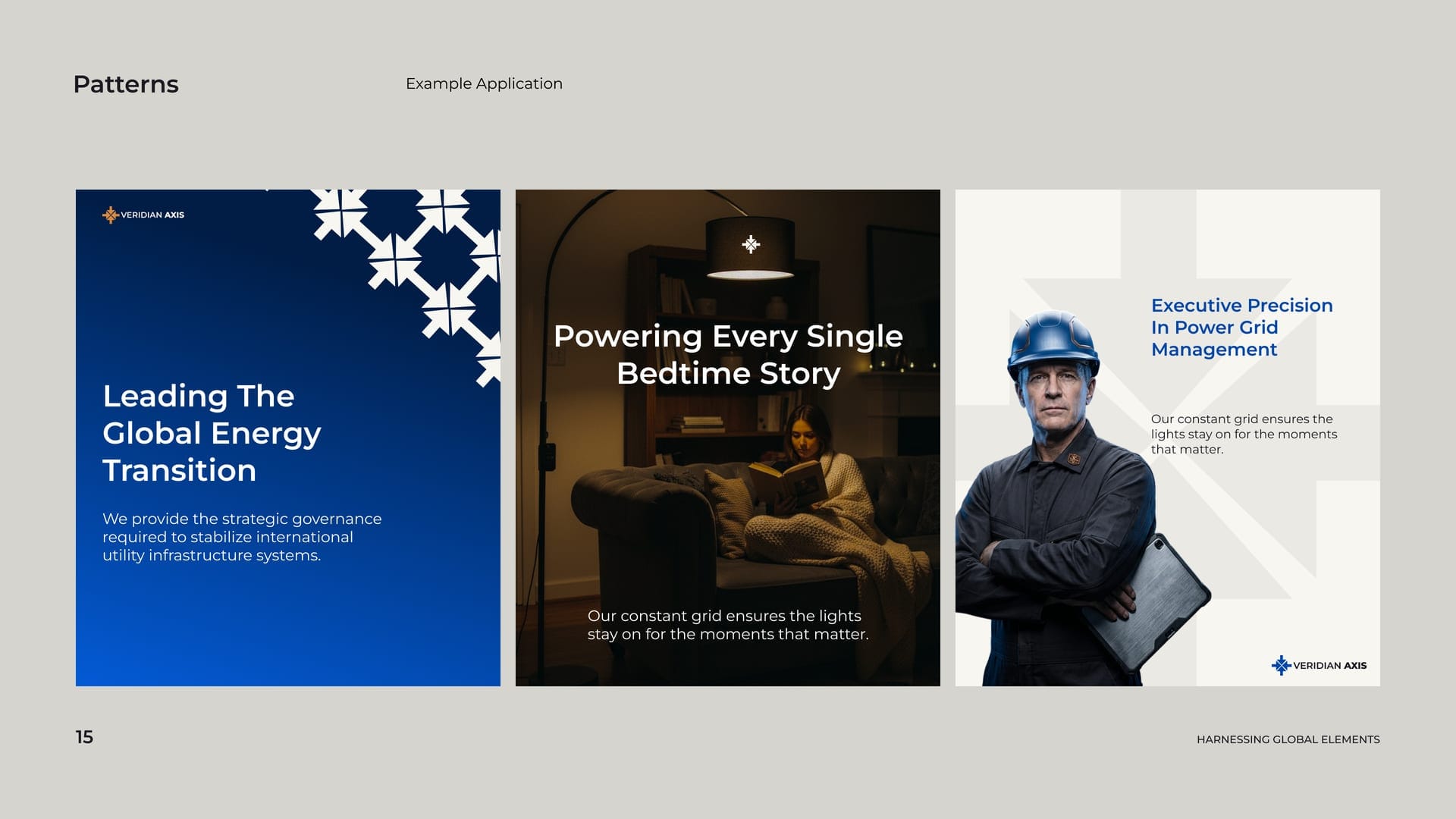 Veridian Axis pattern applications: the four-arrow motif on a navy editorial panel, a lifestyle photograph, and a corporate portrait.