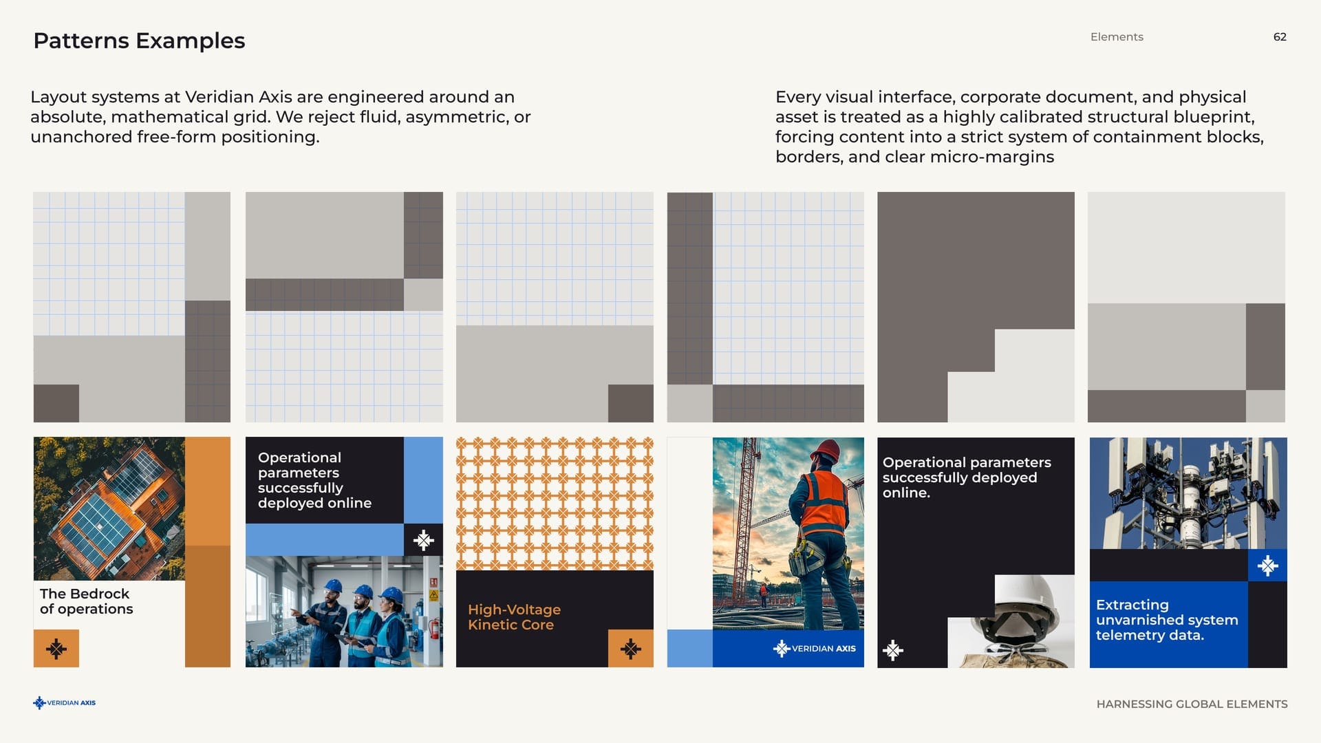 Veridian Axis pattern examples: an absolute mathematical grid of containment blocks, then applied to engineering photography and copy, page 62.