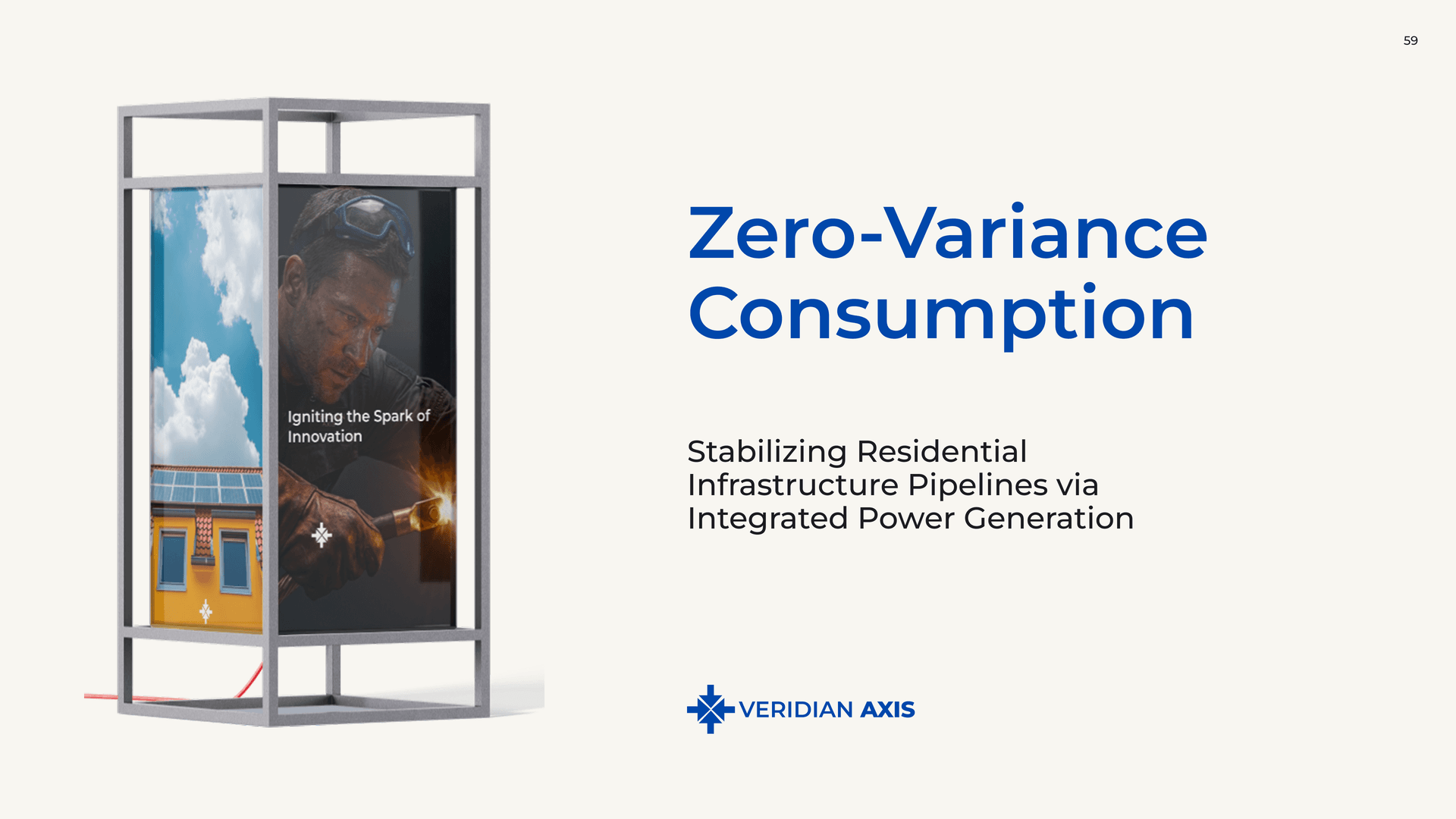 Veridian Axis spatial mockup for Zero-Variance Consumption — Stabilizing Residential Infrastructure Pipelines via Integrated Power Generation, page 59.