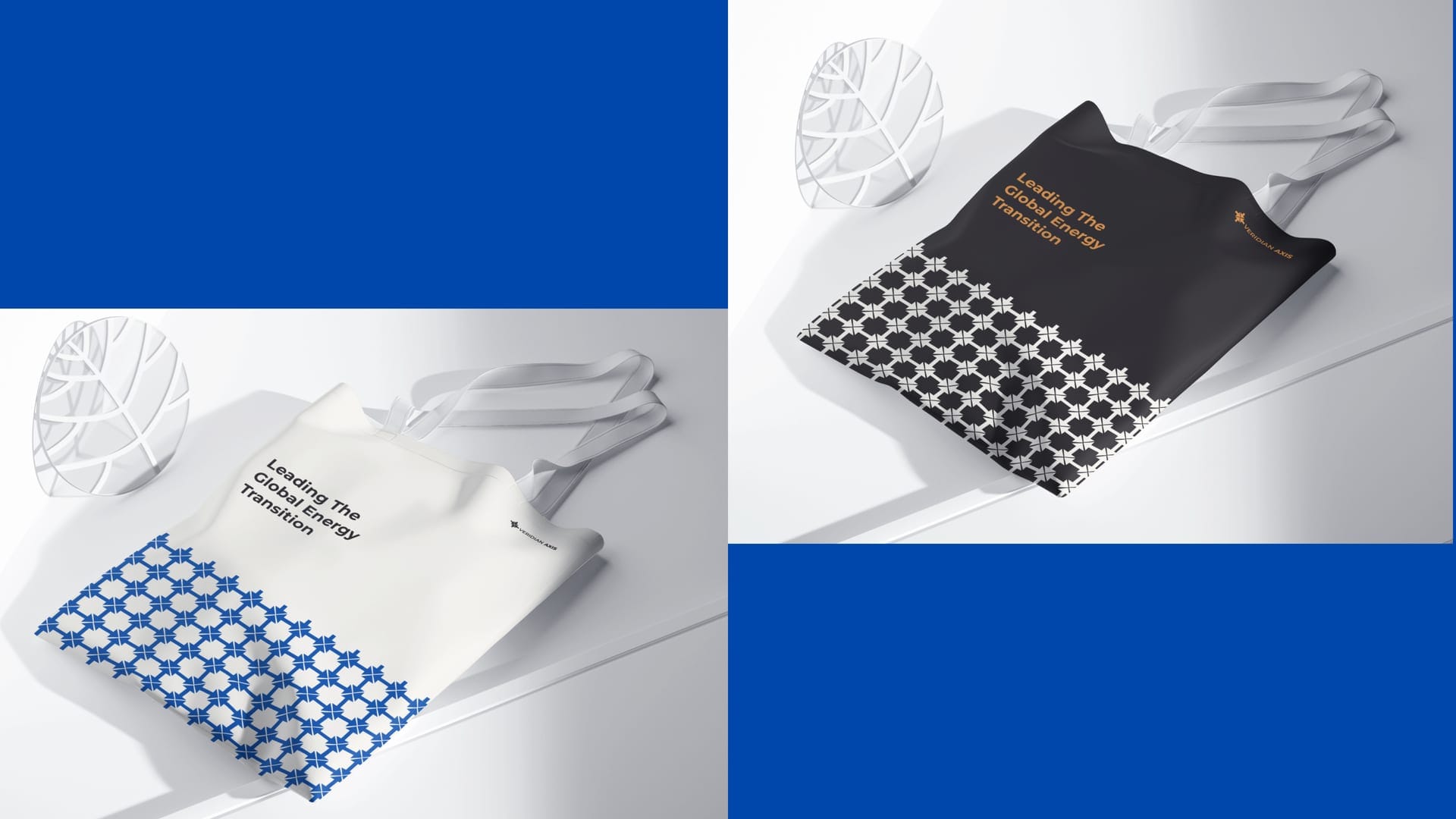 Veridian Axis tote bags in cream and black with Leading The Global Energy Transition and a repeating four-arrow border.