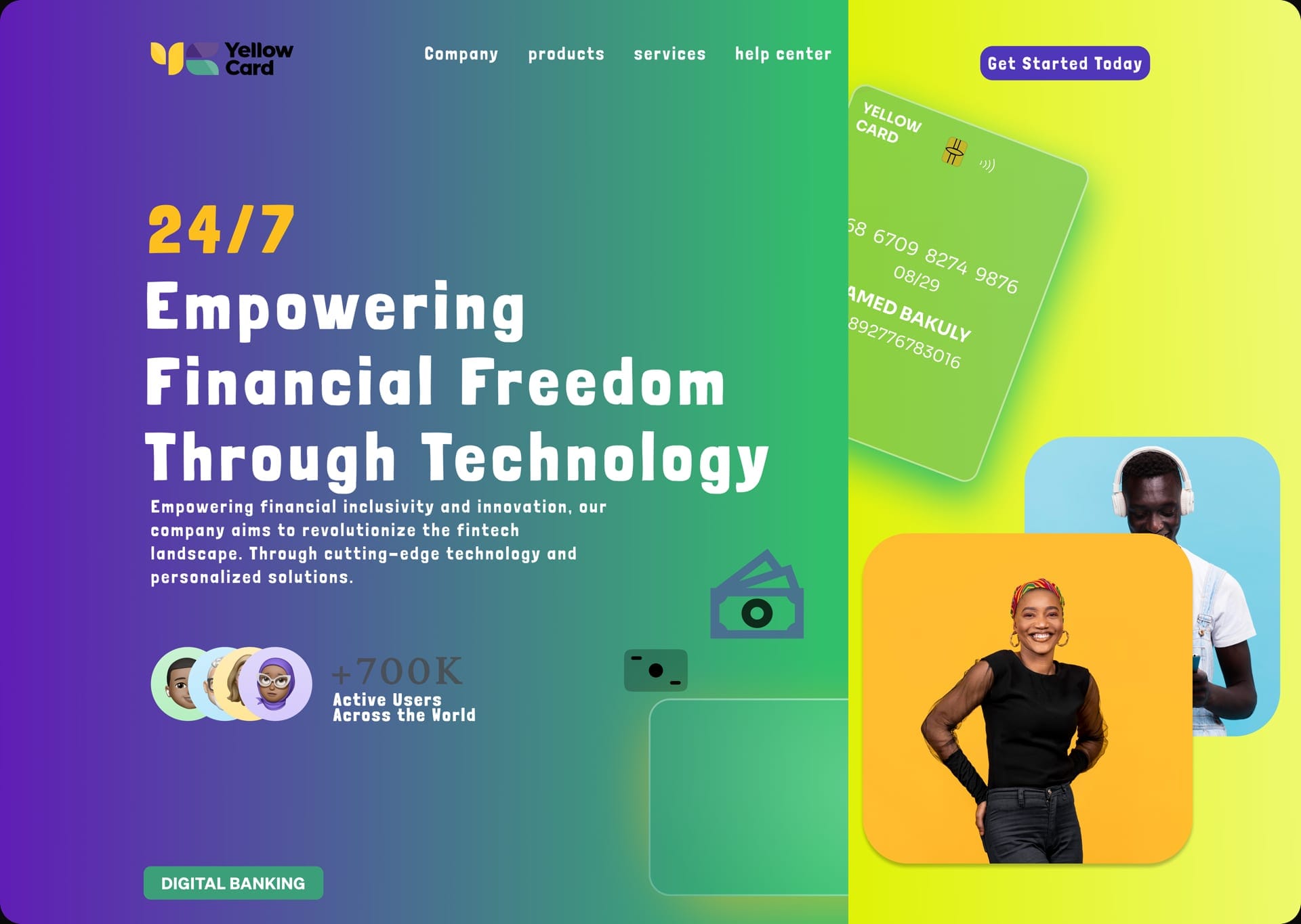 Yellow Card landing: 24/7 Empowering Financial Freedom Through Technology, AMED BAKULY card 58 6709 8274 9876 exp 08/29, +700K Active Users Across the World, DIGITAL BANKING.
