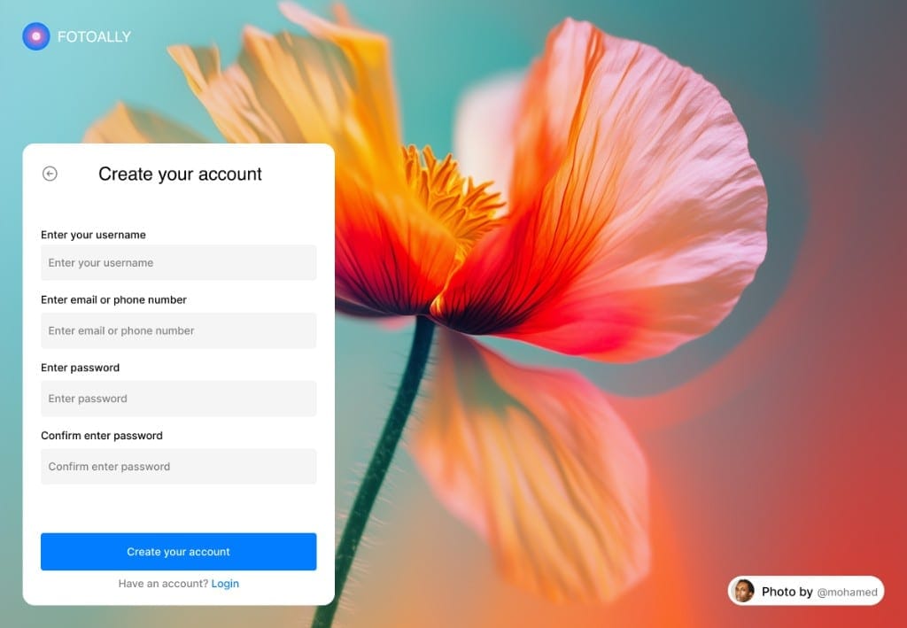 FotoAlly create-account screen with a white signup form for username, email, and password over a floral photograph.