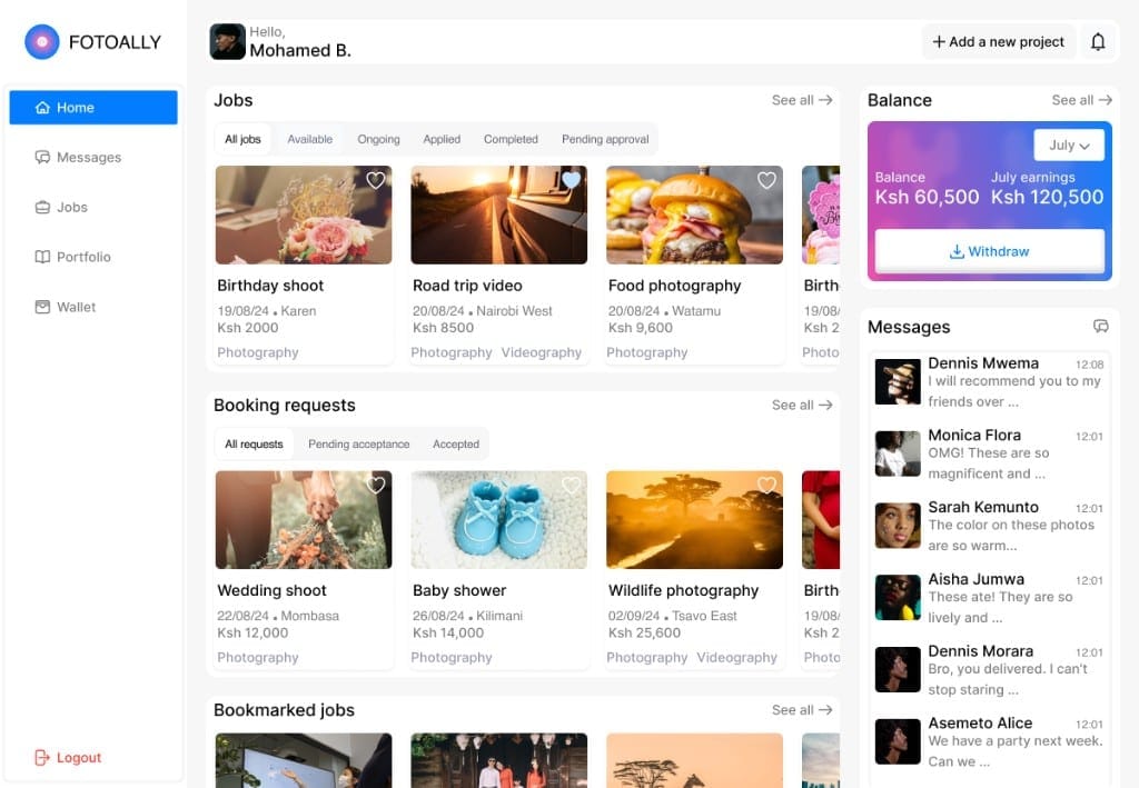 FotoAlly photographer home dashboard on desktop, showing job listings, booking requests, a wallet balance card, and recent messages.