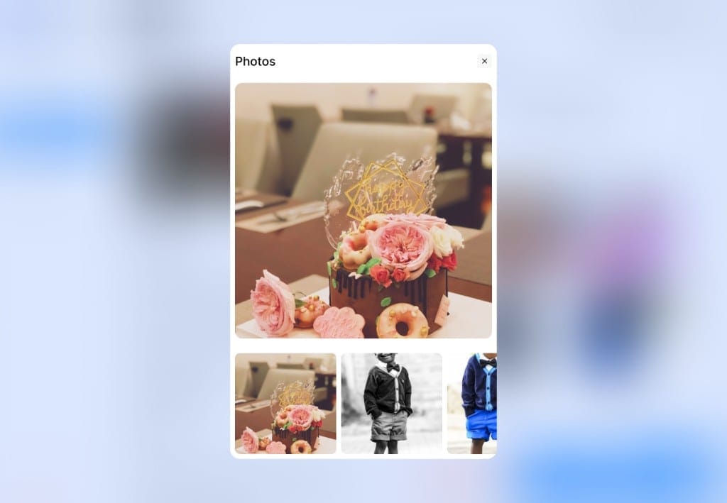 FotoAlly photos gallery modal with a featured birthday cake image and portrait thumbnails.