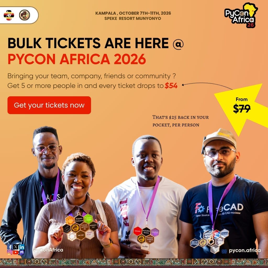 Bulk tickets campaign for PyCon Africa 2026: groups of five or more drop to $54 from $79, with four smiling conference attendees wearing speaker badges.