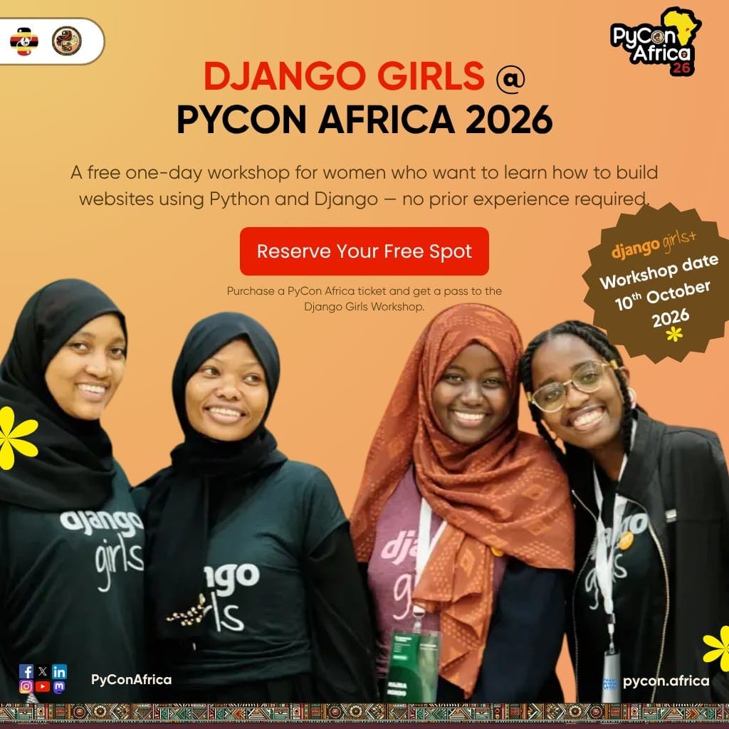 Django Girls at PyCon Africa 2026 flyer showing four smiling women in Django Girls shirts, promoting a free one-day website-building workshop on 10 October 2026.