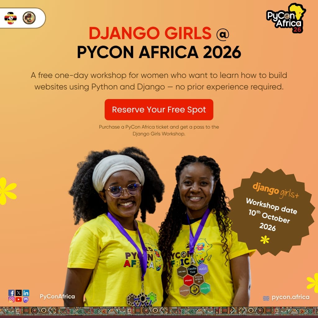 Django Girls workshop flyer for PyCon Africa 2026 featuring two smiling women in yellow PyCon Africa shirts, a reserve-your-free-spot button, and a workshop date of 10 October 2026.