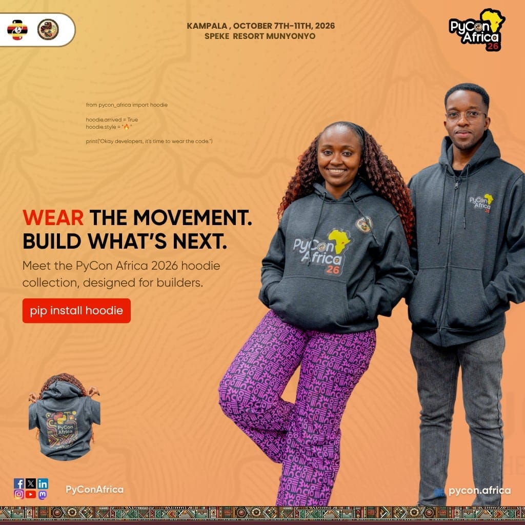 PyCon Africa 2026 hoodie collection graphic with models in charcoal grey hoodies, a Python code snippet, and a pip install hoodie button.