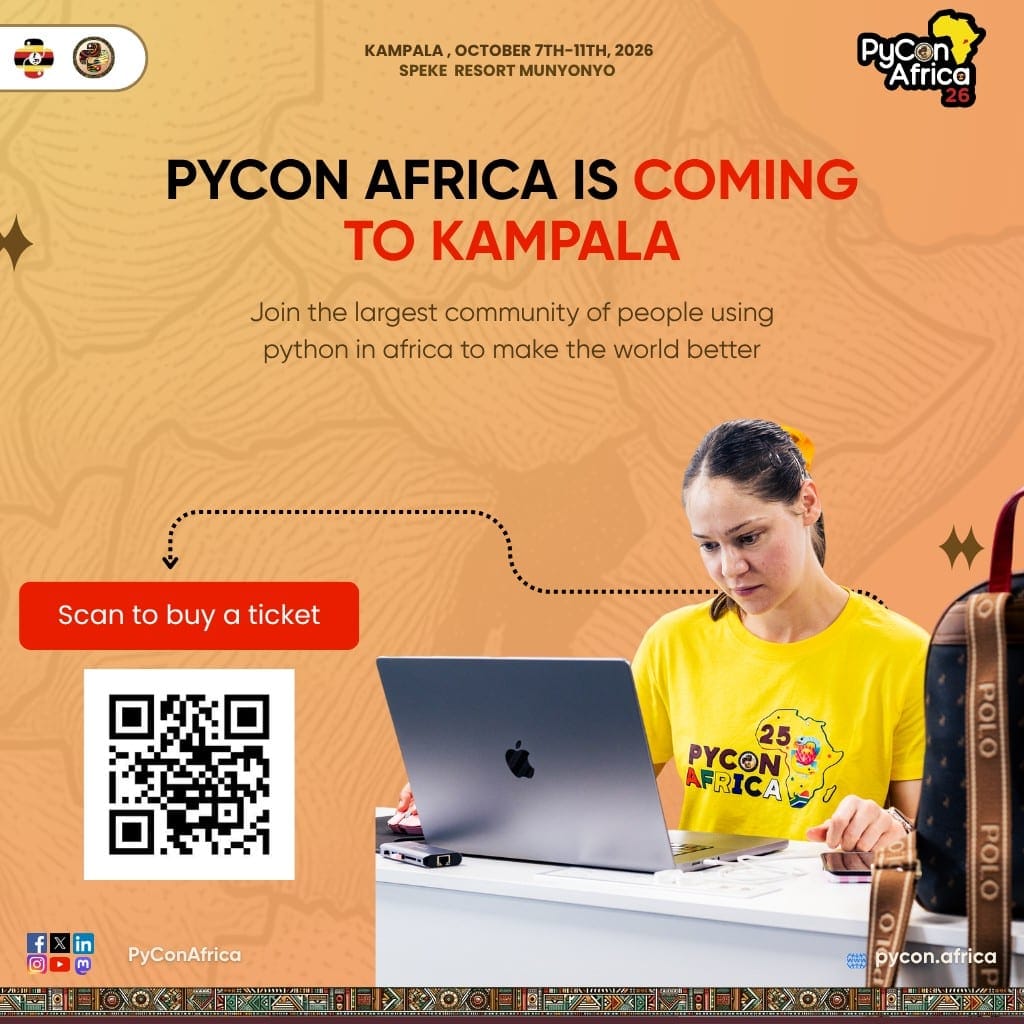 Promotional poster announcing PyCon Africa 2026 in Kampala, 7–11 October at Speke Resort Munyonyo, with a scan-to-buy-a-ticket QR code and a woman working on a laptop in a yellow PyCon Africa shirt.