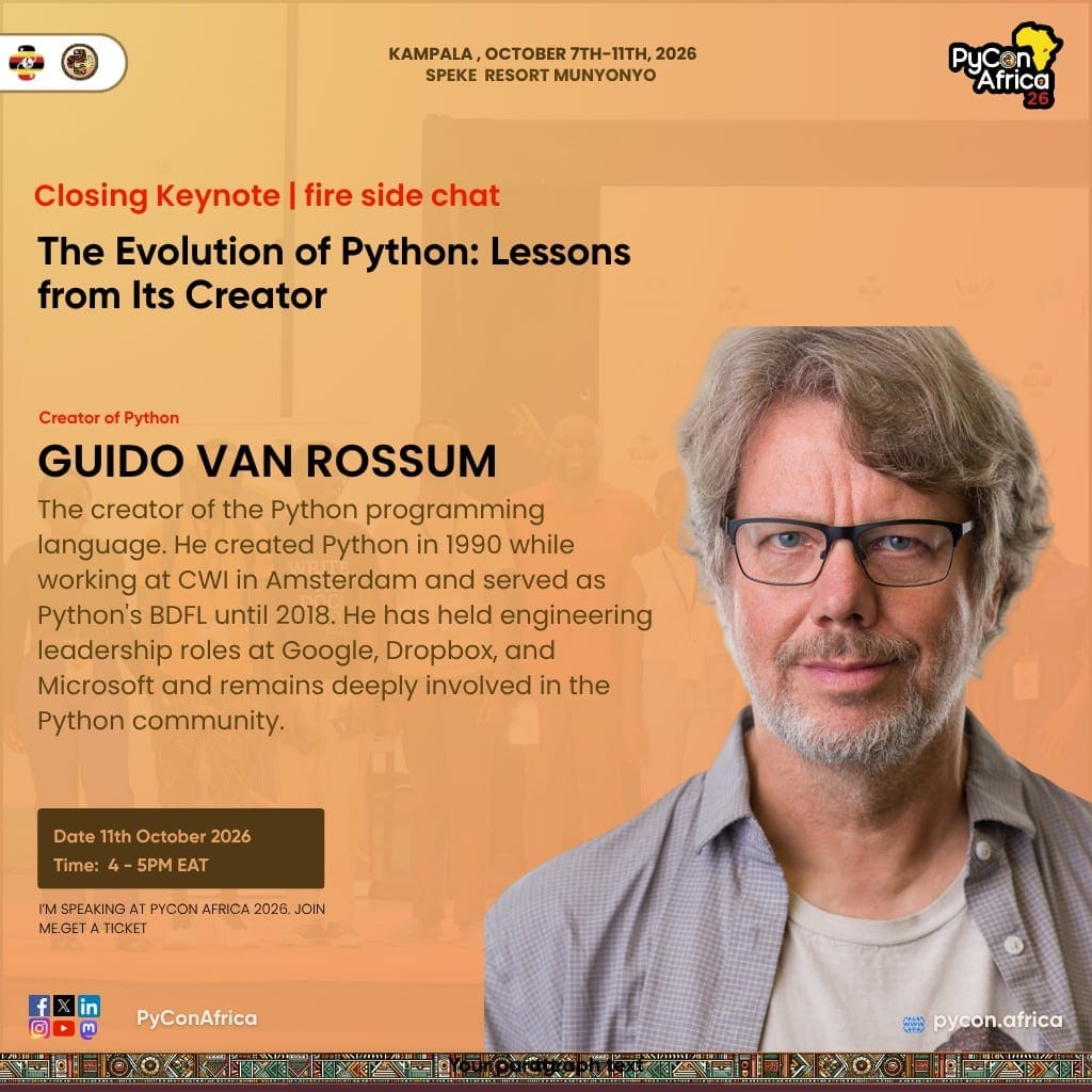 Closing keynote announcement for Guido van Rossum at PyCon Africa 2026, titled The Evolution of Python: Lessons from Its Creator, on 11 October 2026 from 4–5pm EAT.