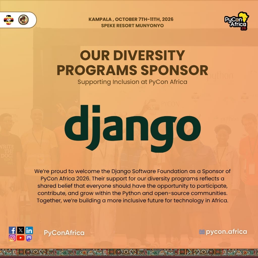 Announcement graphic welcoming the Django Software Foundation as diversity programs sponsor for PyCon Africa 2026.