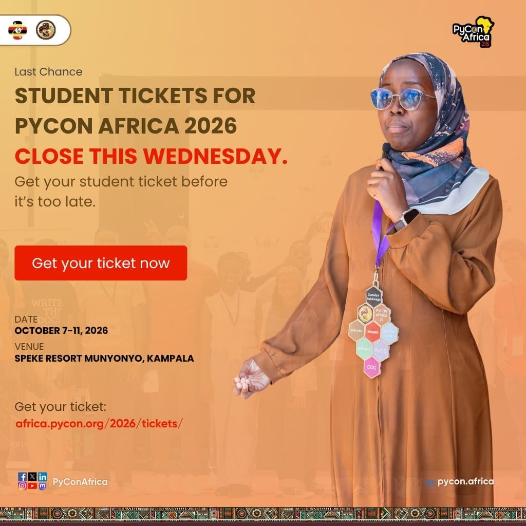 Last-chance student tickets graphic for PyCon Africa 2026 featuring speaker Sumaiya Nalubwago with a microphone, stating student tickets close this Wednesday.