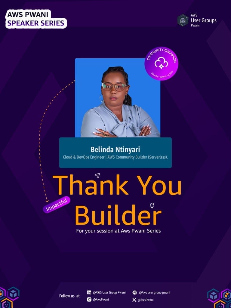Thank-you poster for the AWS Pwani Speaker Series featuring Belinda Ntinyari, Cloud and DevOps Engineer and AWS Community Builder.