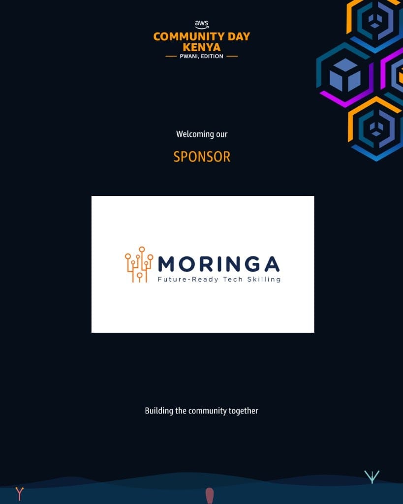 Sponsor announcement poster welcoming Moringa to AWS Community Day Kenya Pwani Edition.