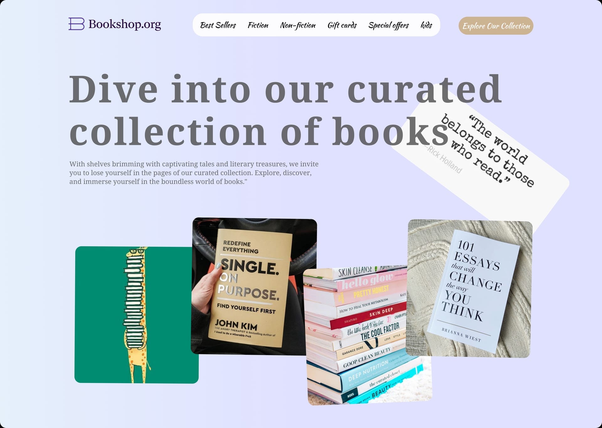 Bookshop.org landing on a lavender field: Dive into our curated collection of books, a tilted card quoting Rick Holland — The world belongs to those who read — and four book stills.