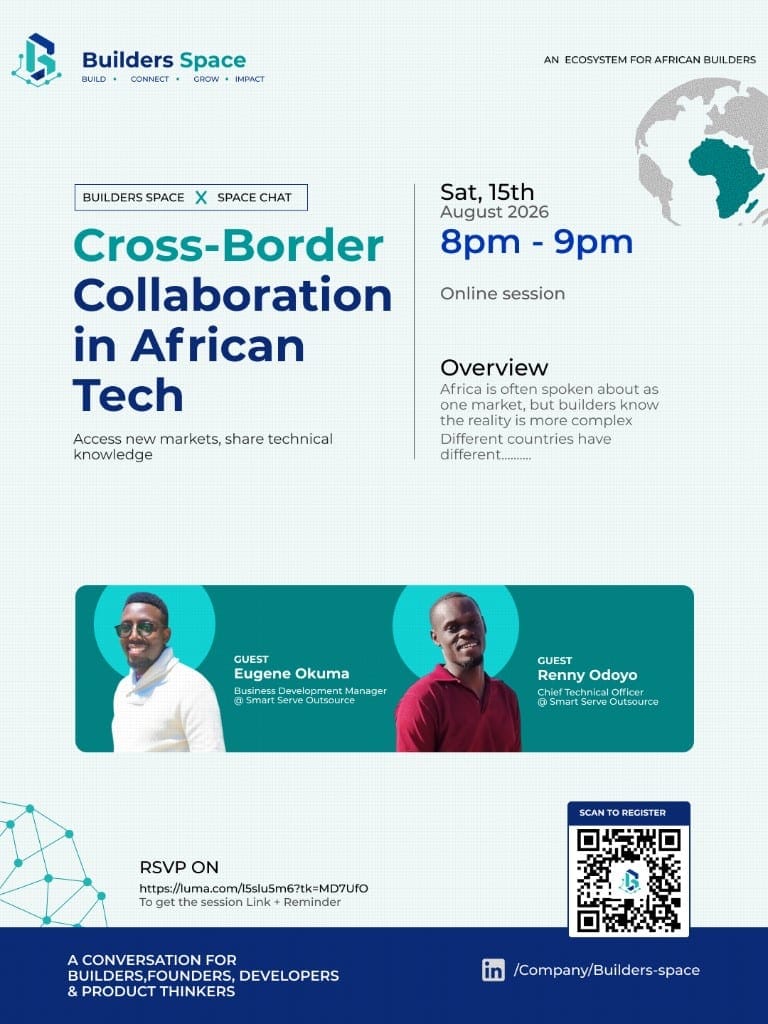 Builders Space × Space Chat flyer: Cross-Border Collaboration in African Tech, with Eugene Okuma and Renny Odoyo of Smart Serve Outsource. Saturday 15 August 2026, 8–9pm. RSVP luma.com/l5slu5m6.