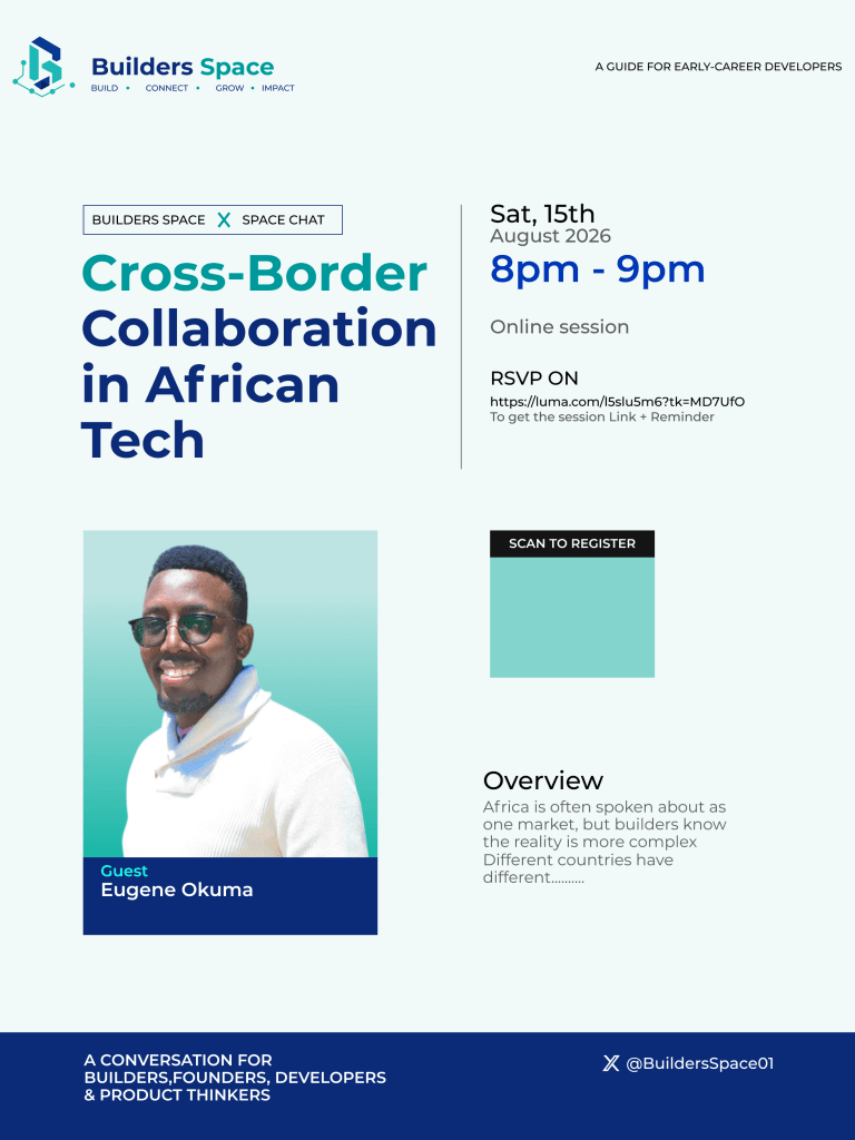 Cross-Border Collaboration in African Tech variant featuring guest Eugene Okuma, with a teal SCAN TO REGISTER square and Saturday 15 August 2026, 8–9pm.