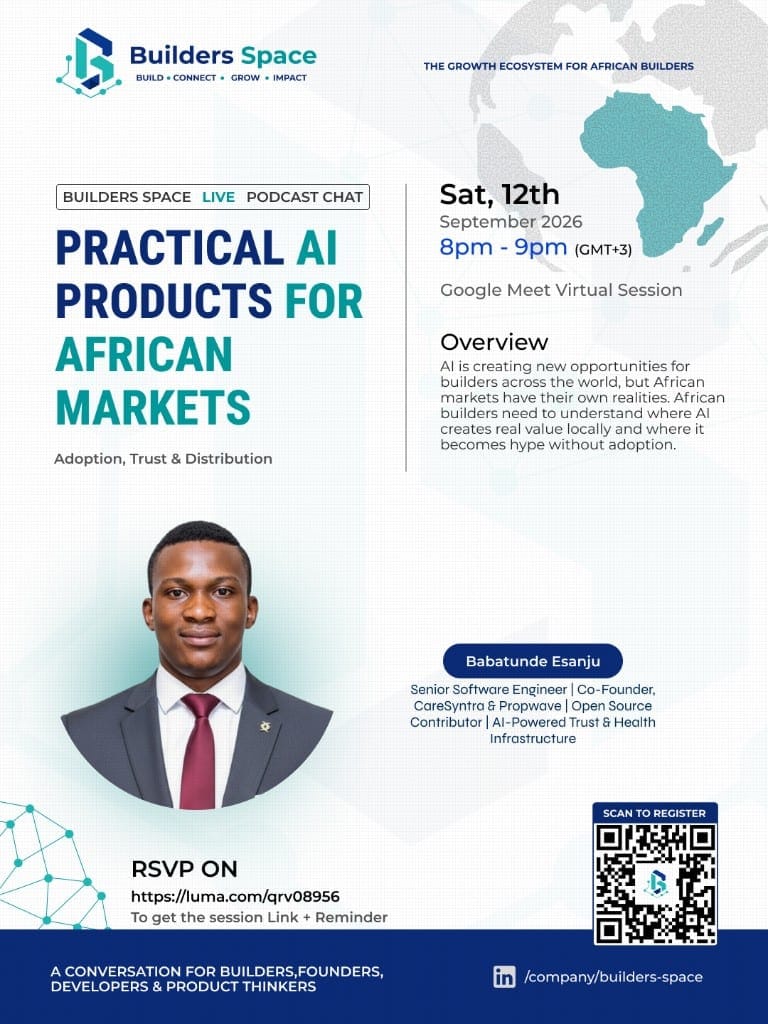 LIVE Podcast Chat flyer: Practical AI Products for African Markets — Adoption, Trust & Distribution. Speaker Babatunde Esanju. Saturday 12 September 2026, 8–9pm GMT+3, Google Meet. RSVP luma.com/qrv08956.