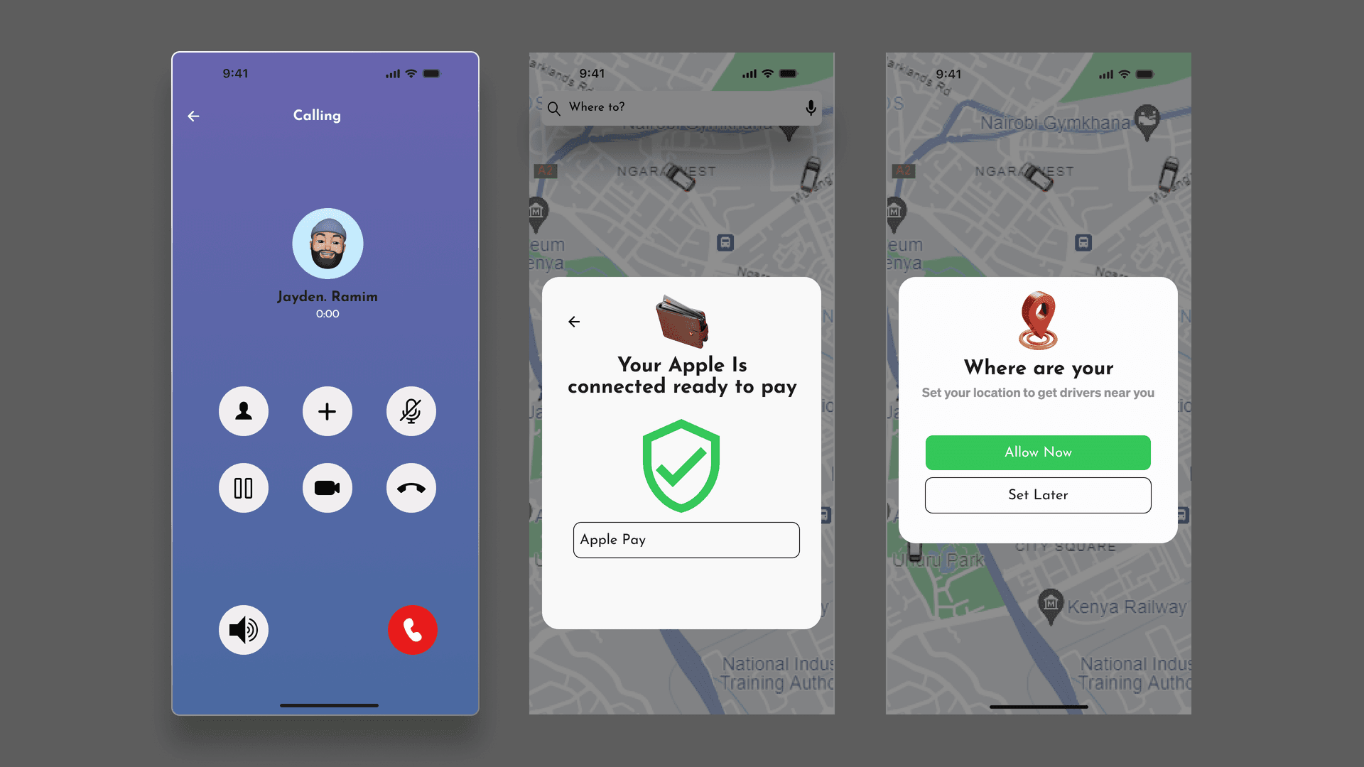 BOBO Rides in-app call to Jayden. Ramim; Apple Pay connected modal; location permission over Uhuru Park asking to allow now or set later.