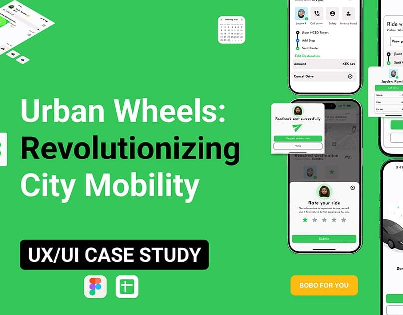 Urban Wheels: Revolutionizing City Mobility — BOBO Rides UX/UI case study cover with Hello Sandra home, Jayden.R on a Probox White KCK289L from JKUAT NCBD Towers to Sarit Center, and a rate-your-ride screen.