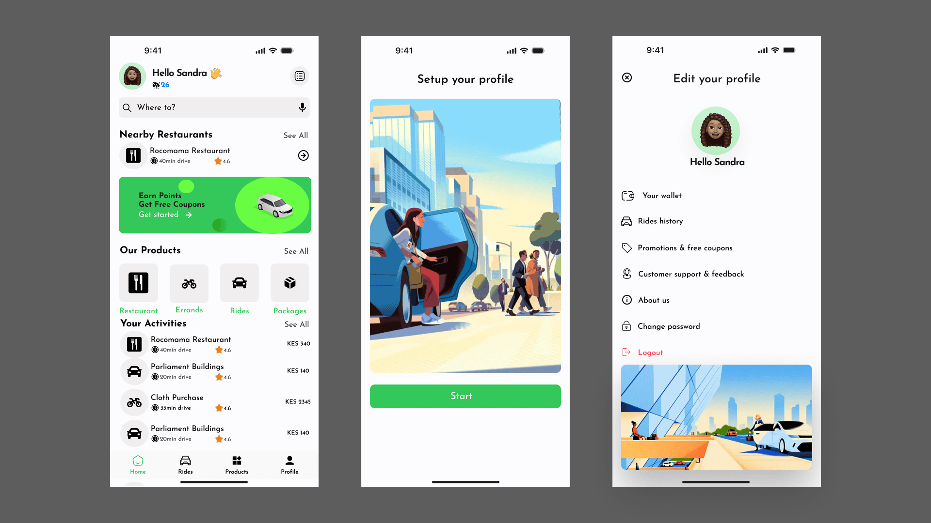 BOBO Rides home for Hello Sandra with Where to?, Rocomama, and rides/restaurants/errands/packages; setup-your-profile illustration; edit-profile with wallet, rides history and logout.