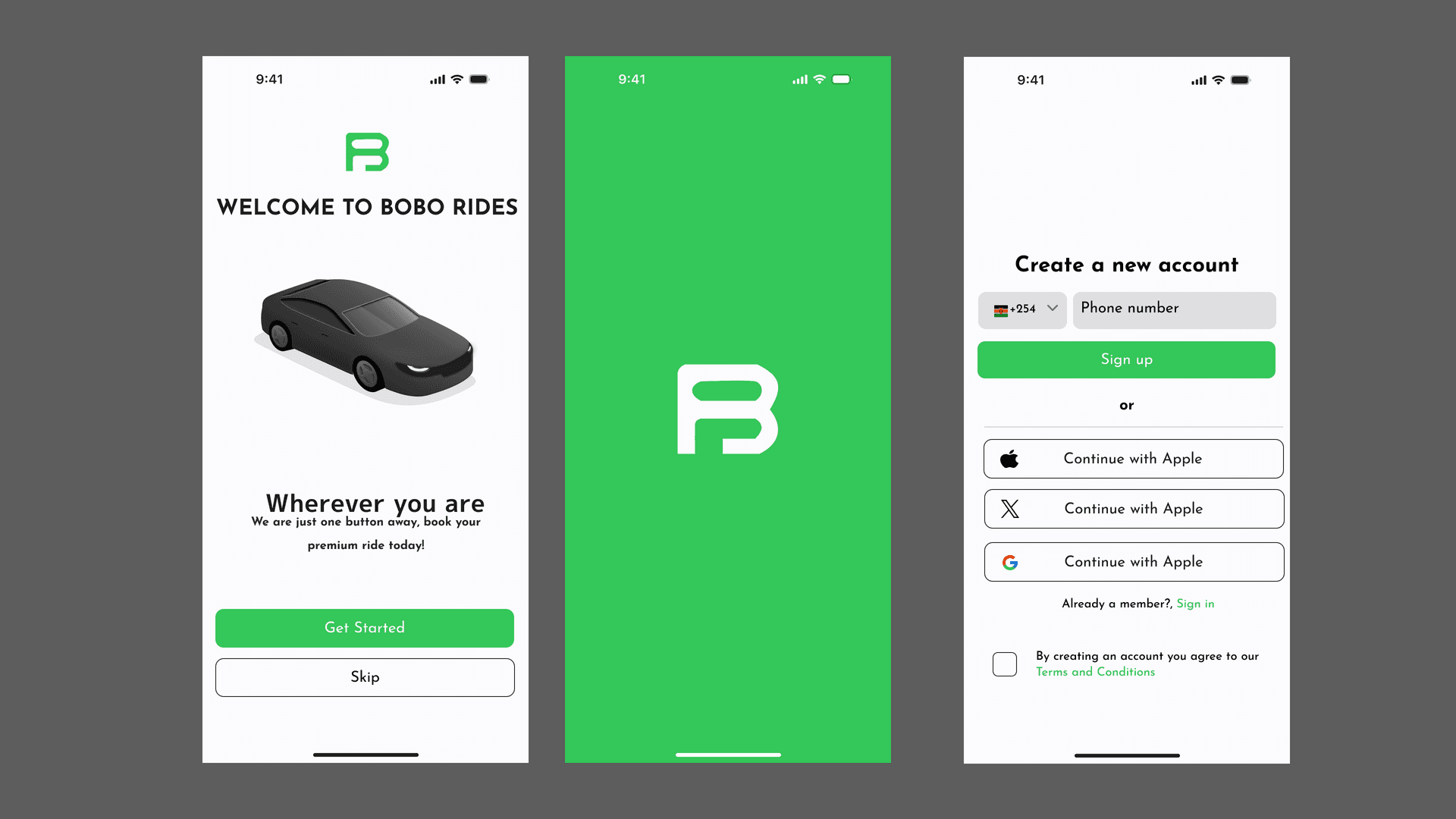 BOBO Rides onboarding: welcome screen with a green B logo, isometric car and Get Started; green splash with the white B mark; create-account with Kenya +254 phone signup.
