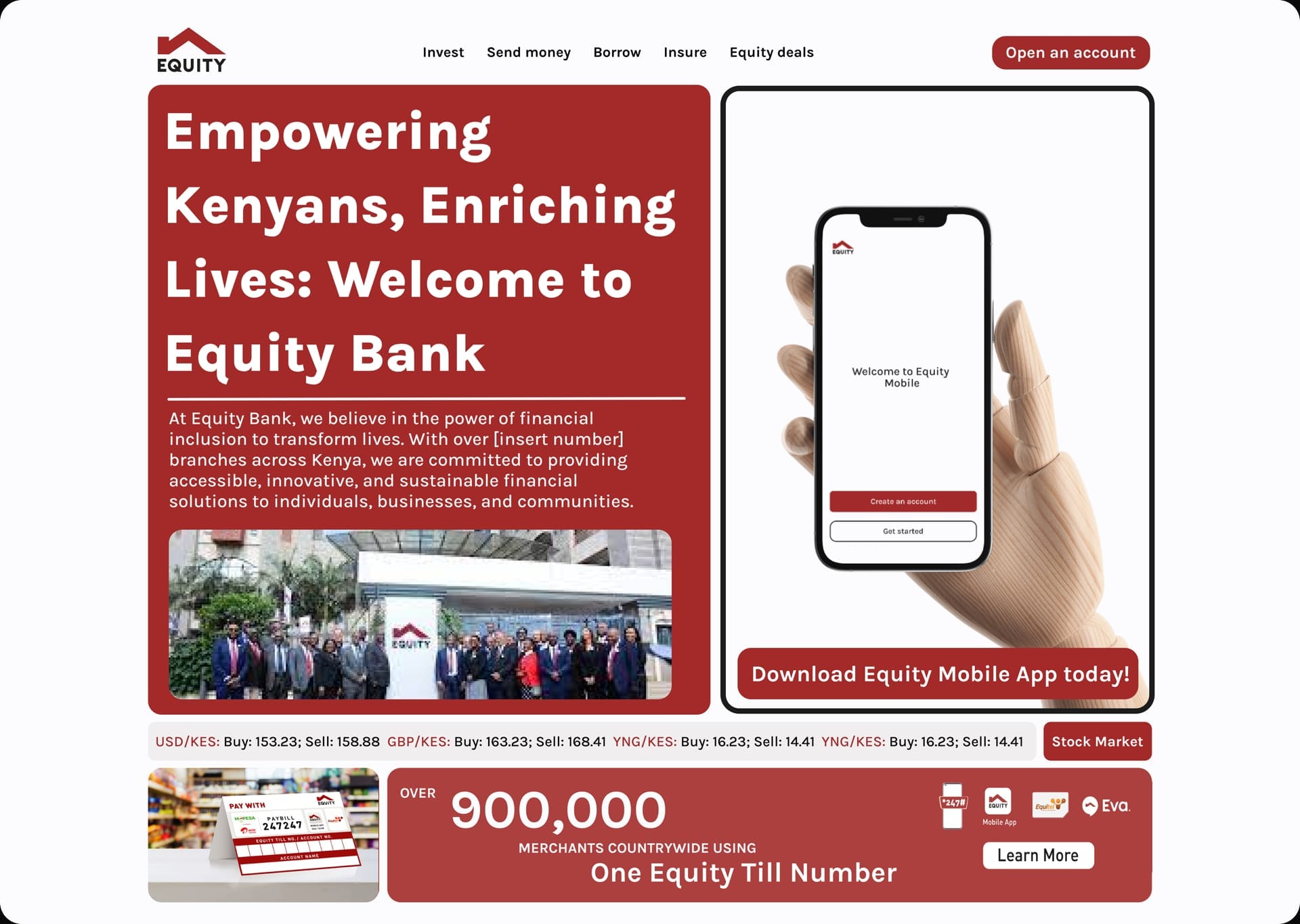 Equity Bank landing: Empowering Kenyans, Enriching Lives; Equity Mobile on a phone; USD/KES ticker; OVER 900,000 MERCHANTS COUNTRYWIDE USING One Equity Till Number.