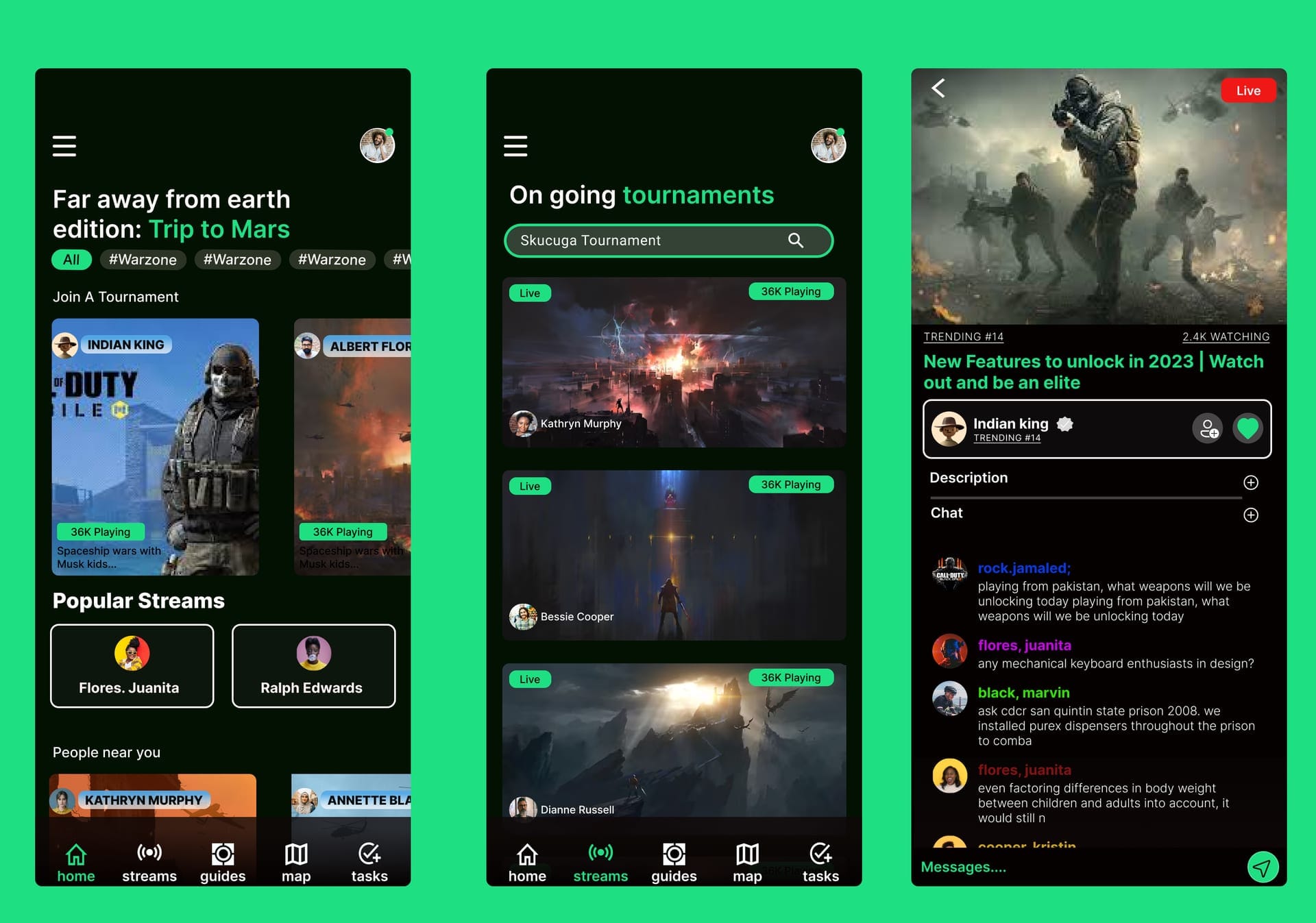 Fight game mobile flow on a neon green field: home with Trip to Mars and Join a Tournament, ongoing tournaments with live cards, and a live stream with chat.