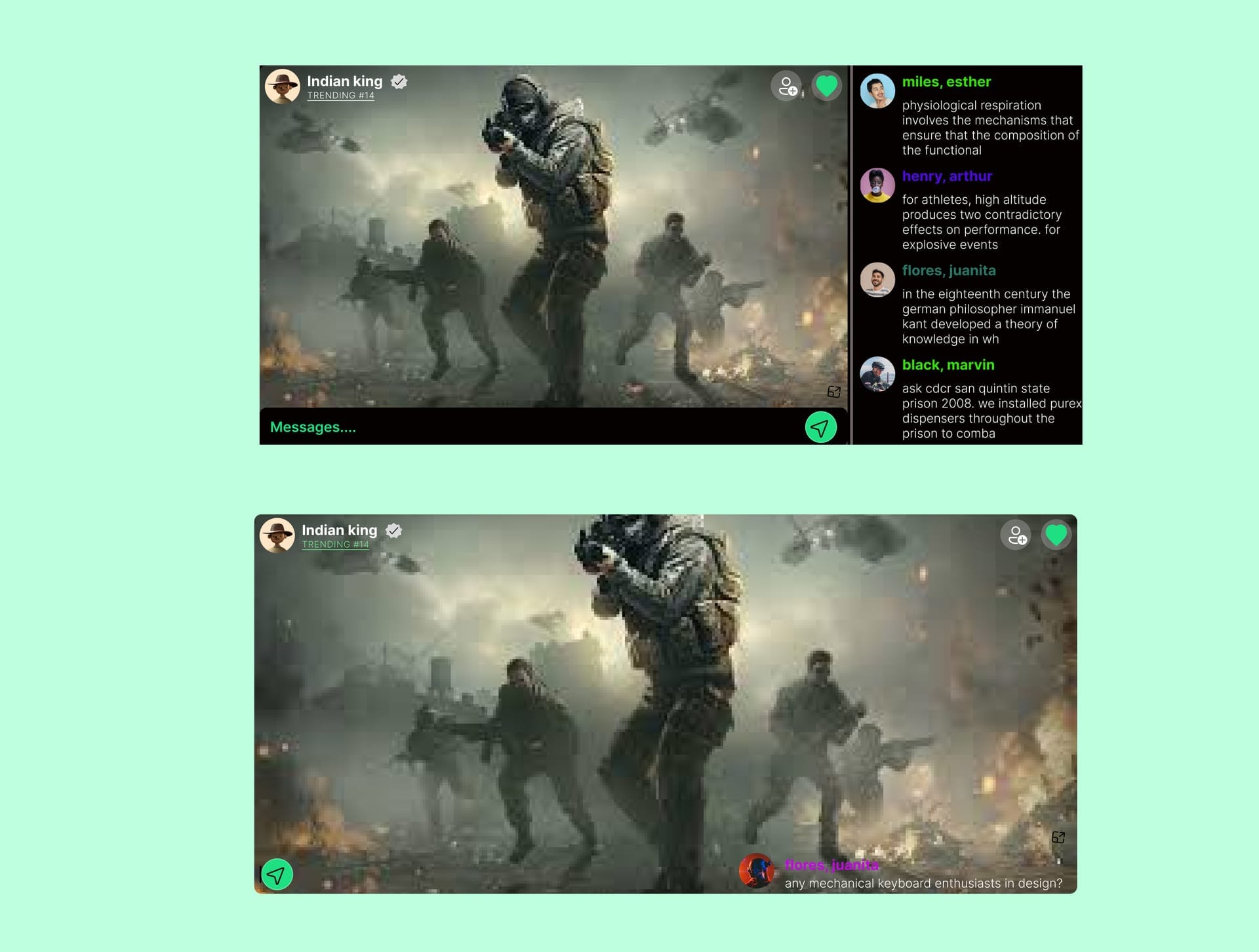 Fight game live stream layouts for Indian king, trending #14, with add-friend and heart actions plus a chat sidebar and an overlay message from Flores, Juanita.
