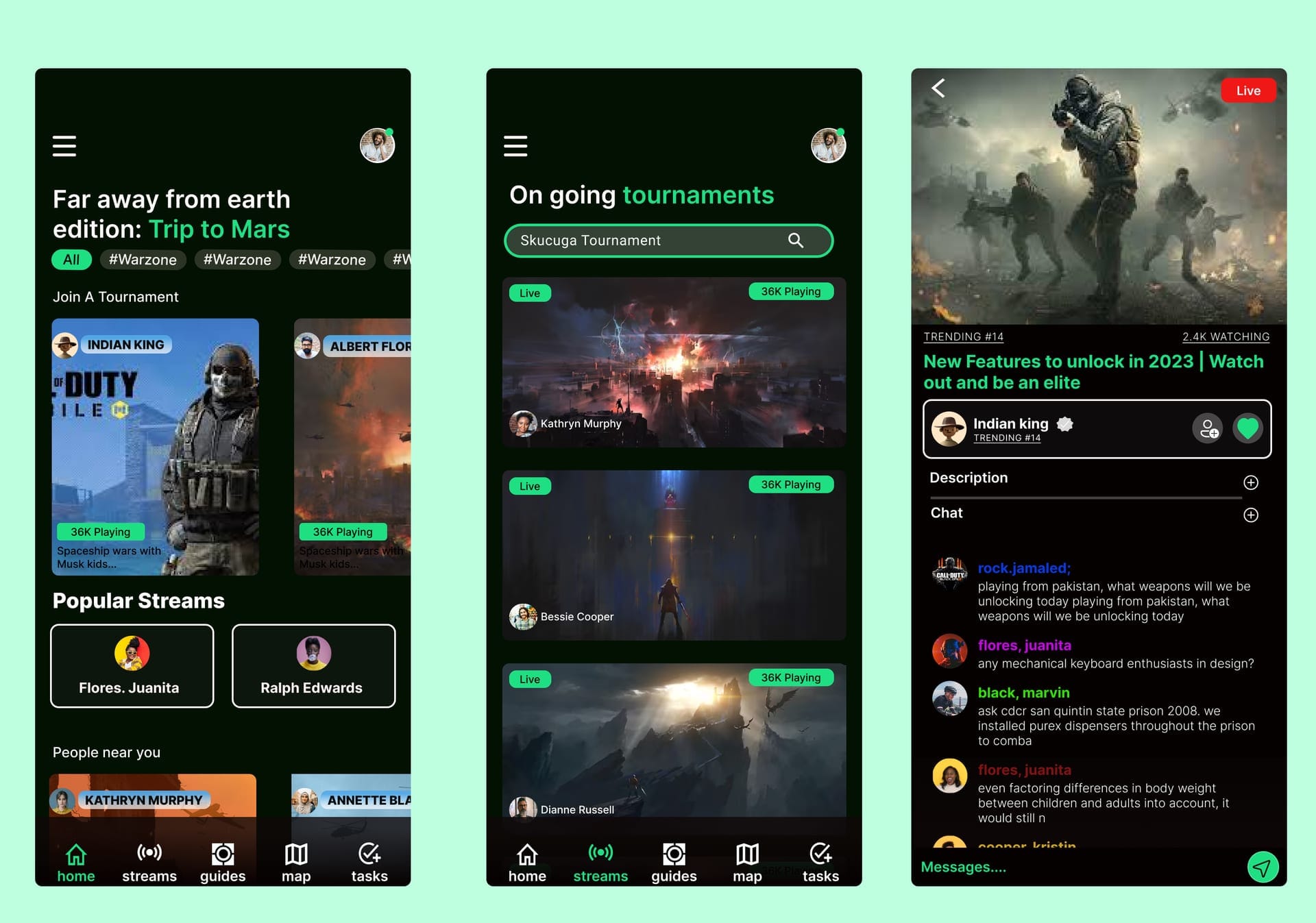 Three Fight game phone screens: home discovery with Warzone tags and Indian King tournament card, ongoing tournaments feed, and a live stream with chat.