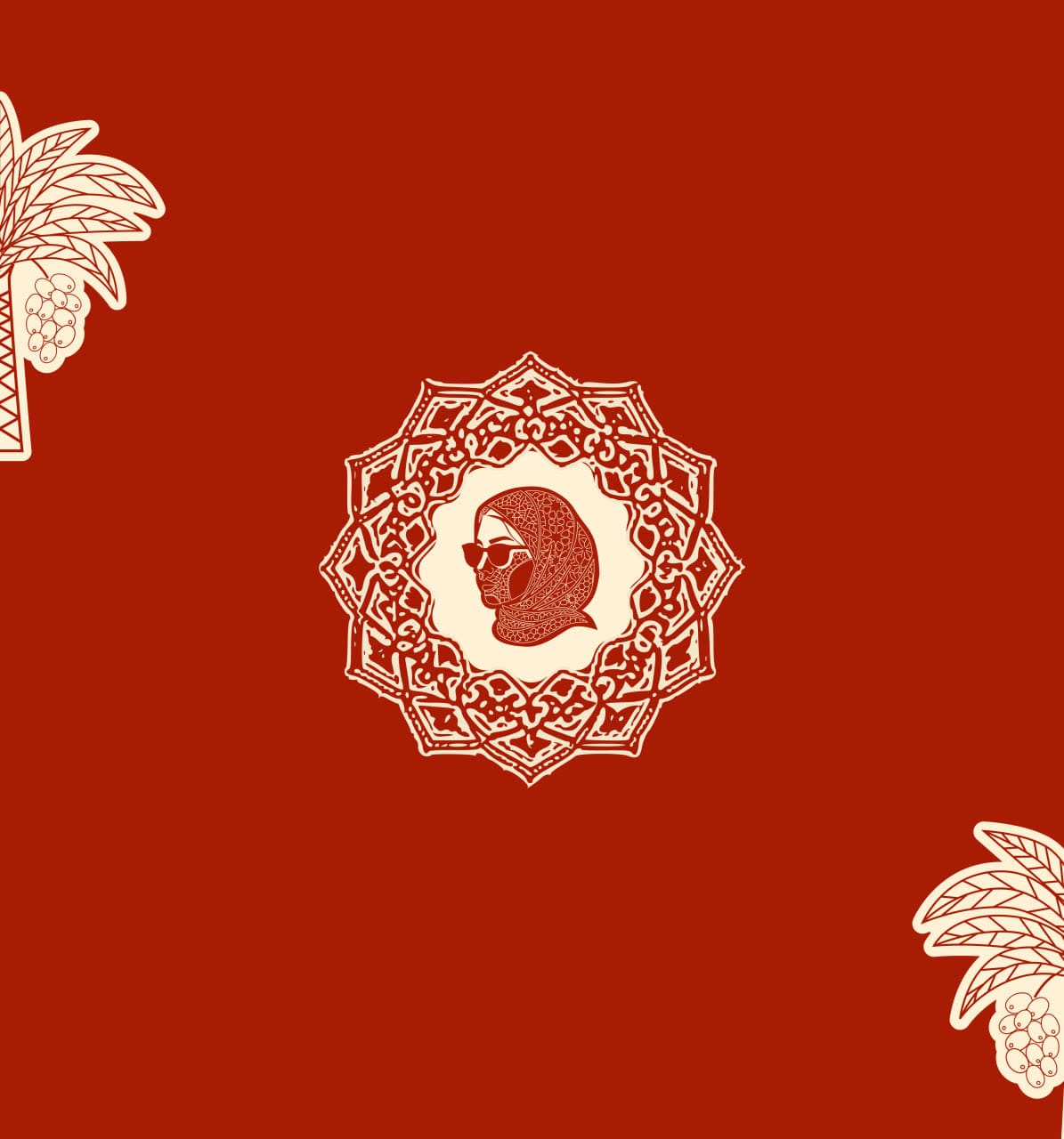 Red Kahawani pattern: a cream mandala of Islamic geometric ornament around a portrait of a woman in a patterned hijab and sunglasses, with coffee branch corners.
